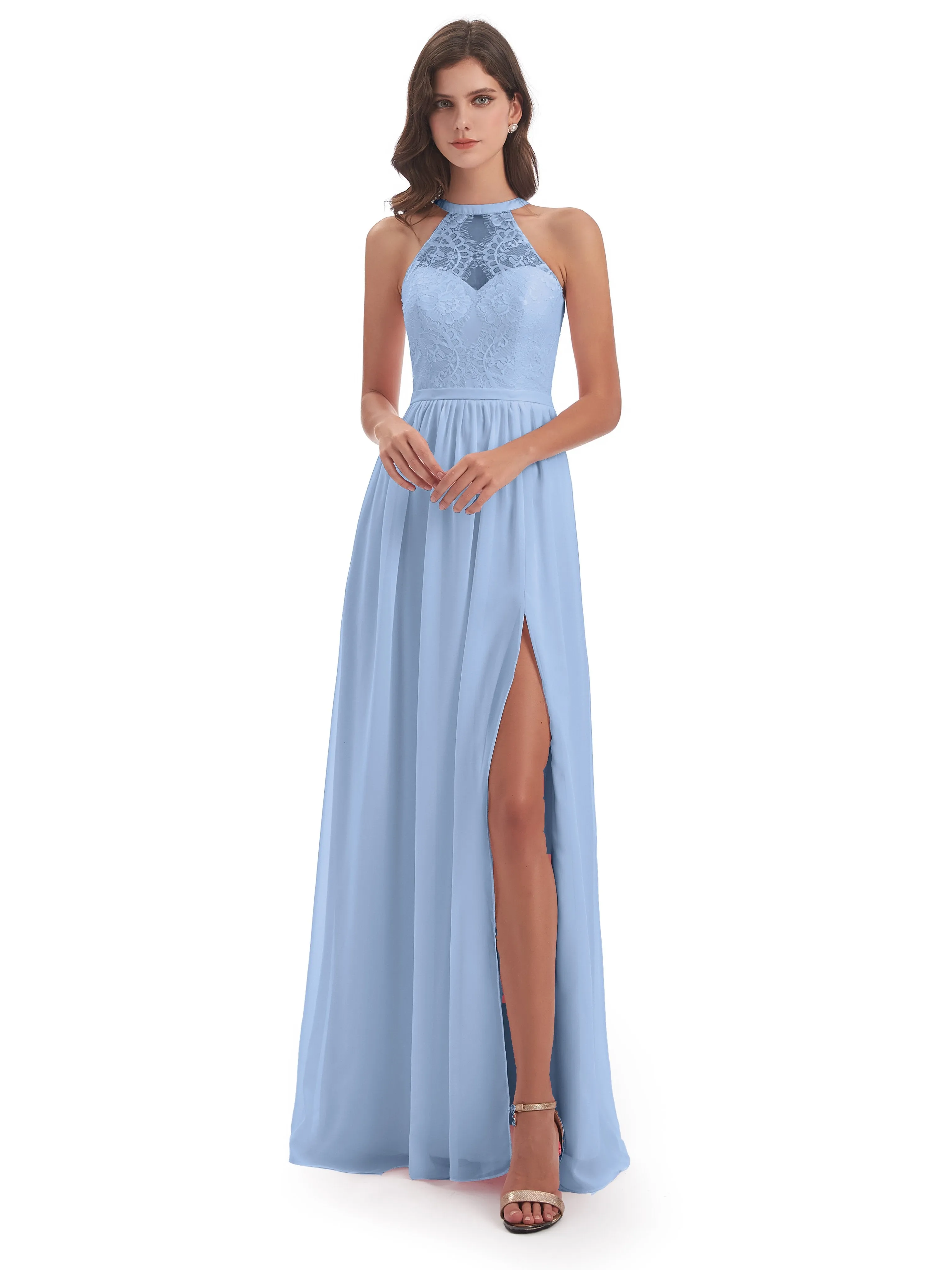 Ava Lace/Chiffon Split Floor-Length Bridesmaid Dresses