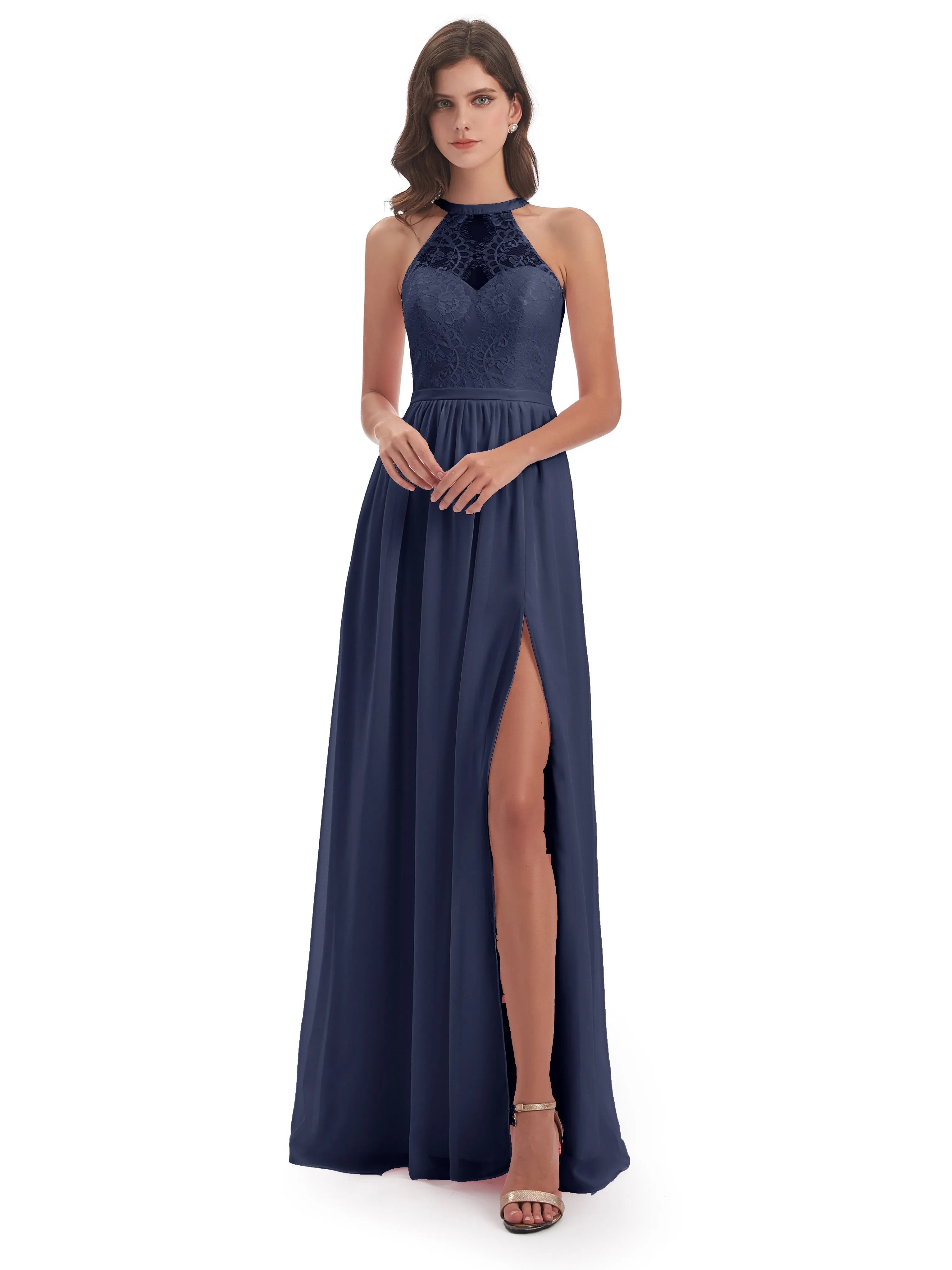 Ava Lace/Chiffon Split Floor-Length Bridesmaid Dresses