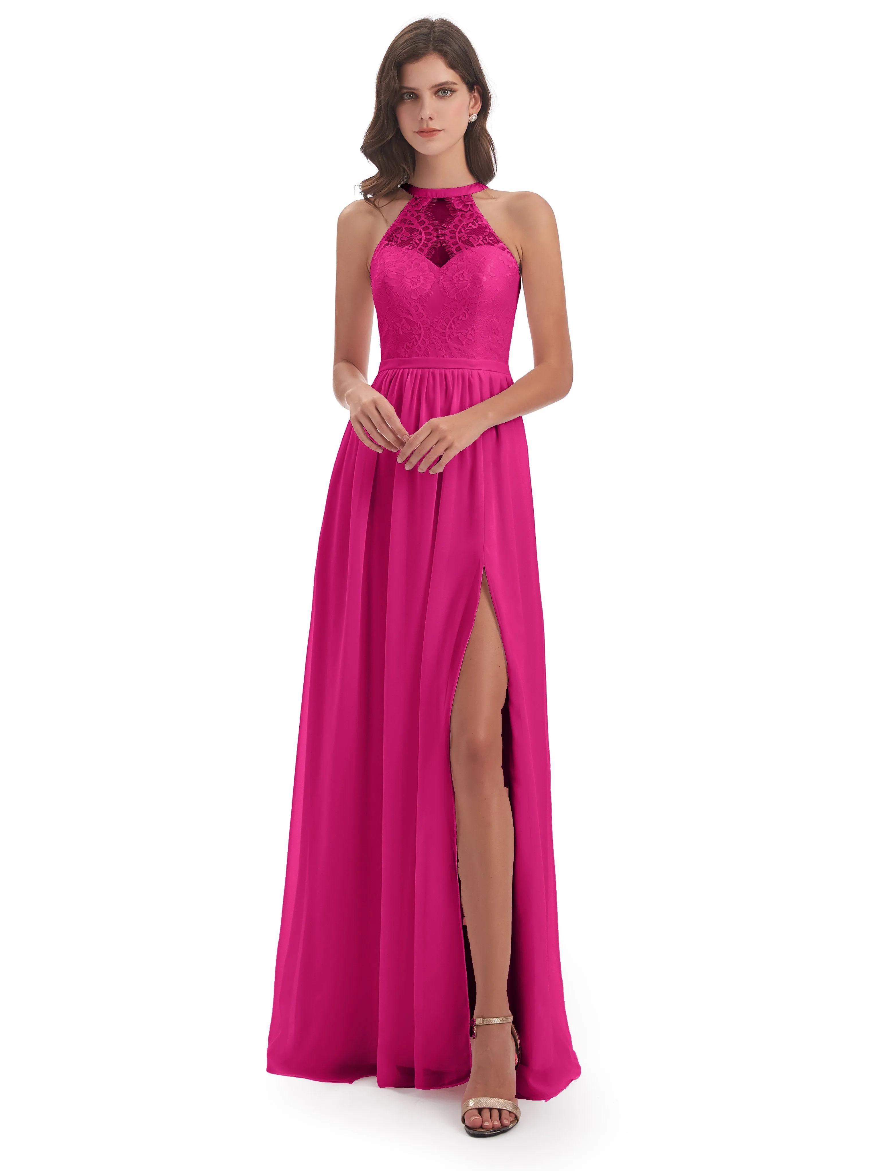 Ava Lace/Chiffon Split Floor-Length Bridesmaid Dresses