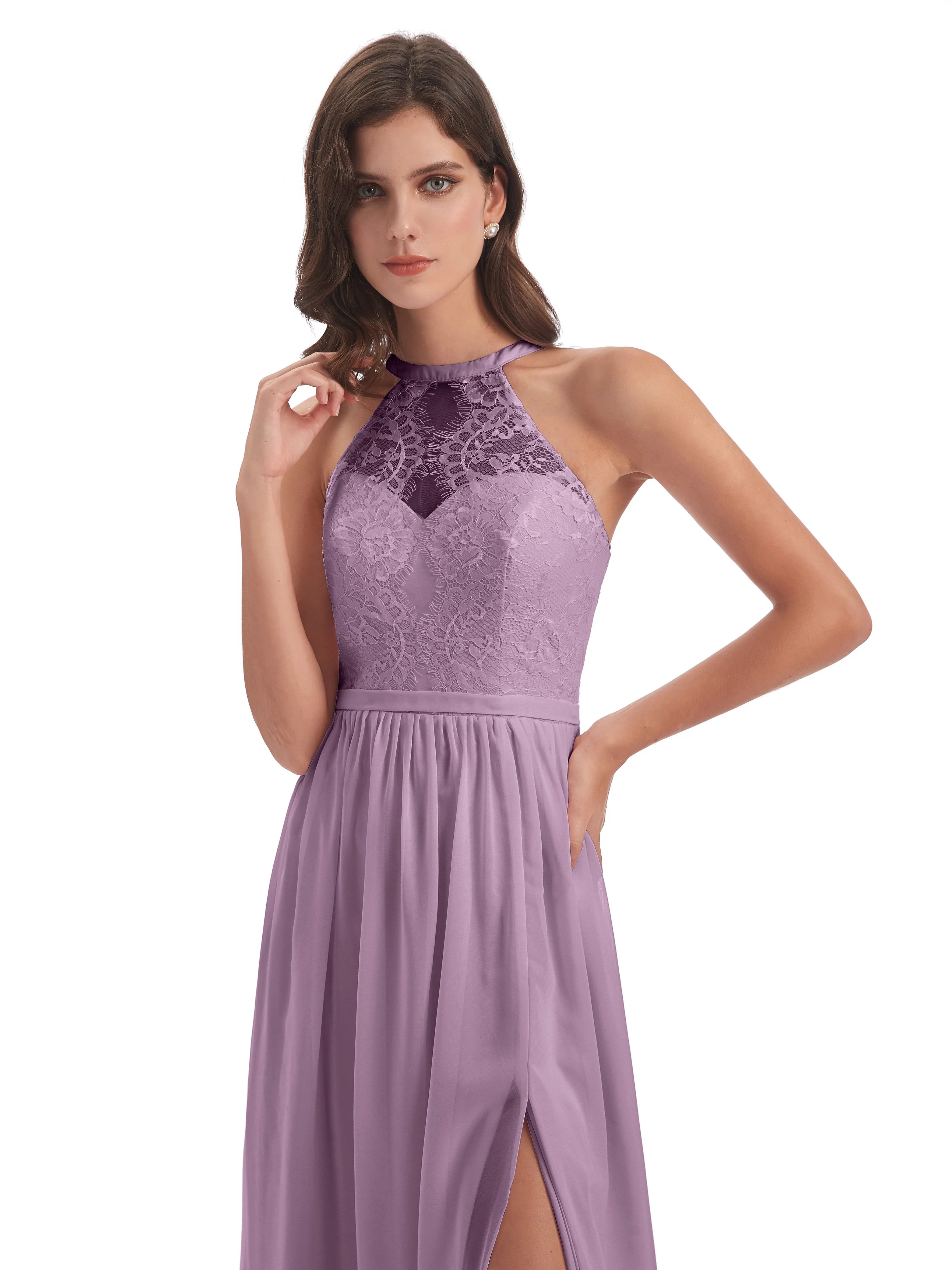 Ava Lace/Chiffon Split Floor-Length Bridesmaid Dresses