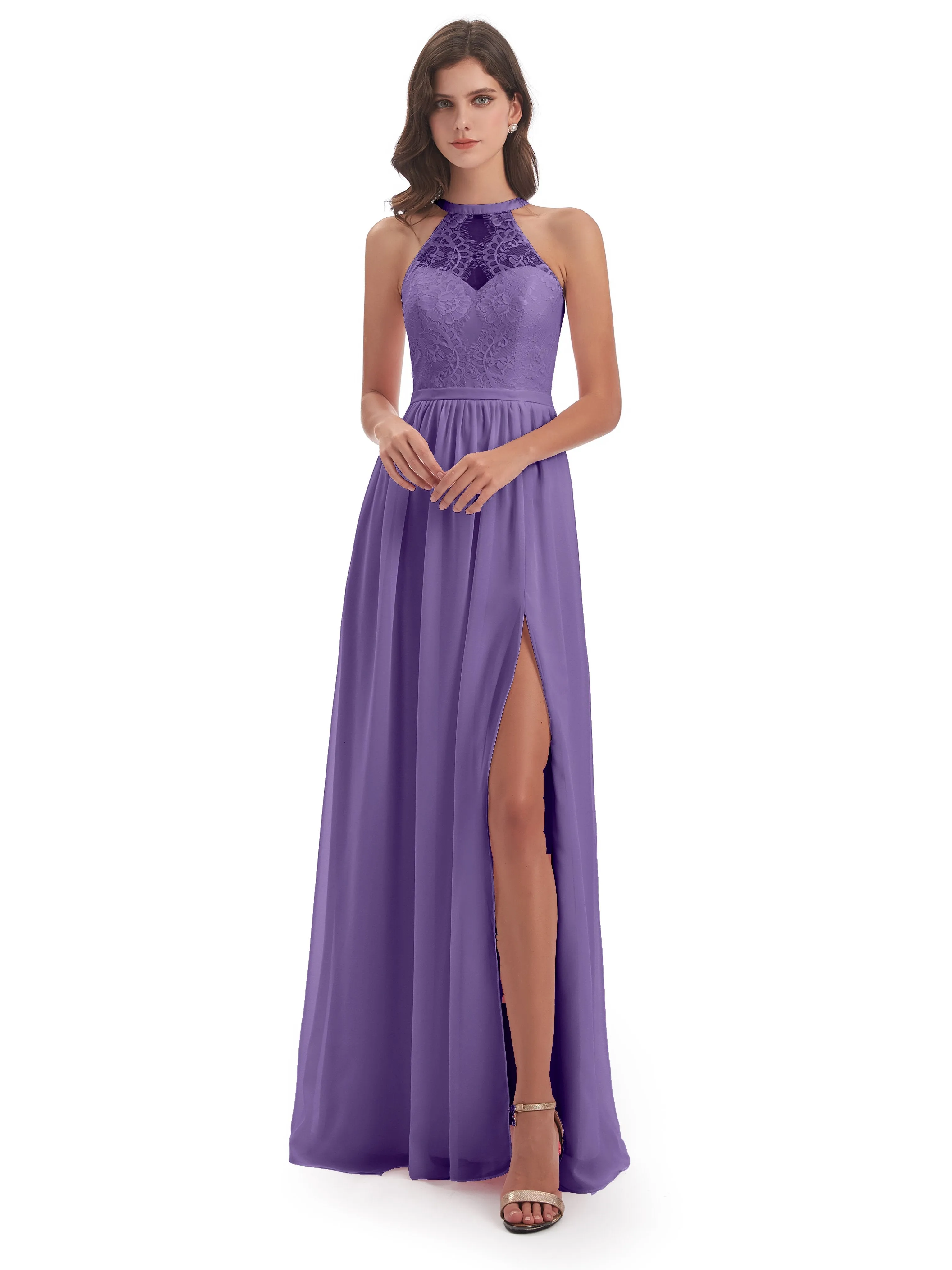 Ava Lace/Chiffon Split Floor-Length Bridesmaid Dresses