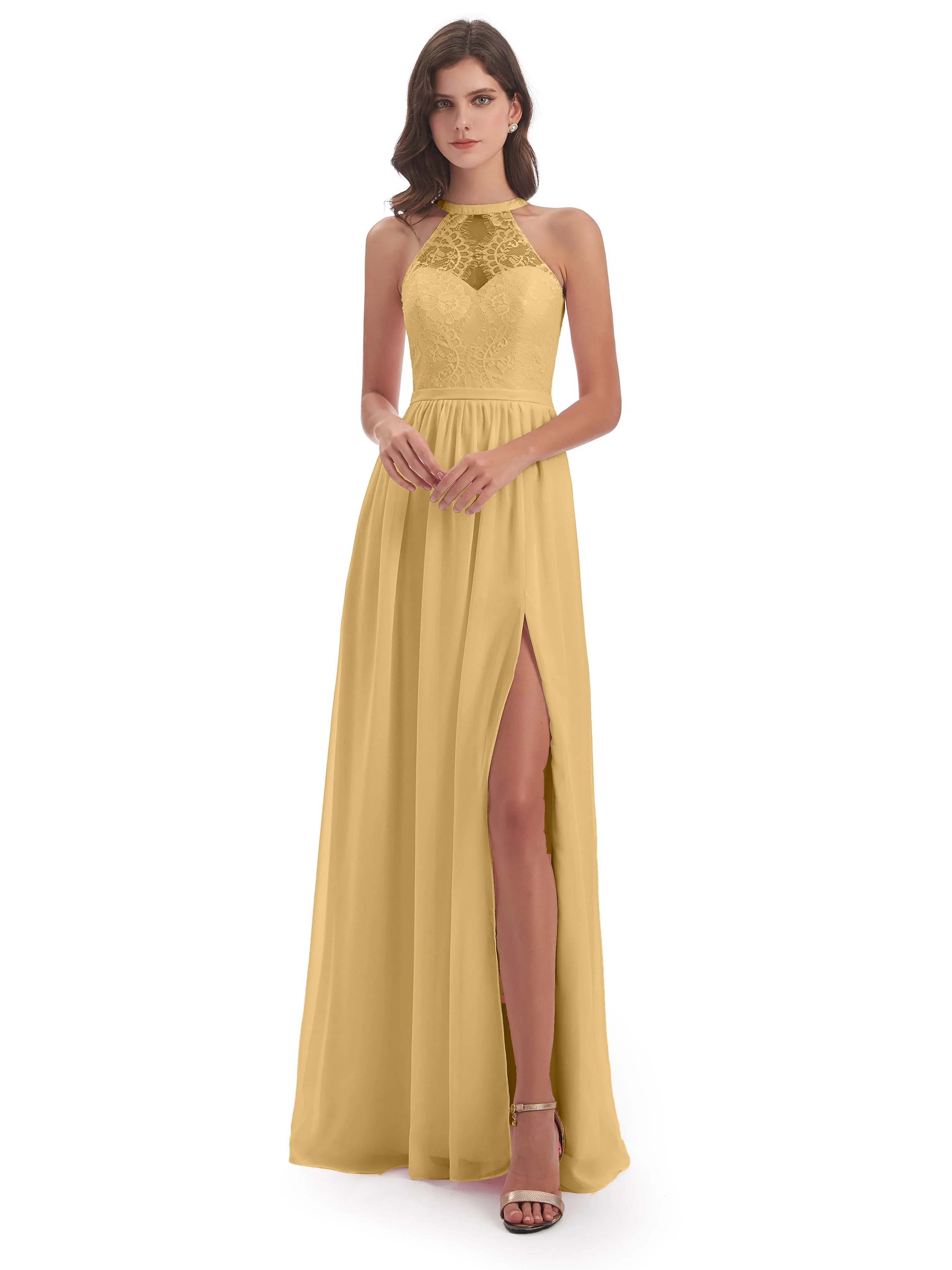 Ava Lace/Chiffon Split Floor-Length Bridesmaid Dresses