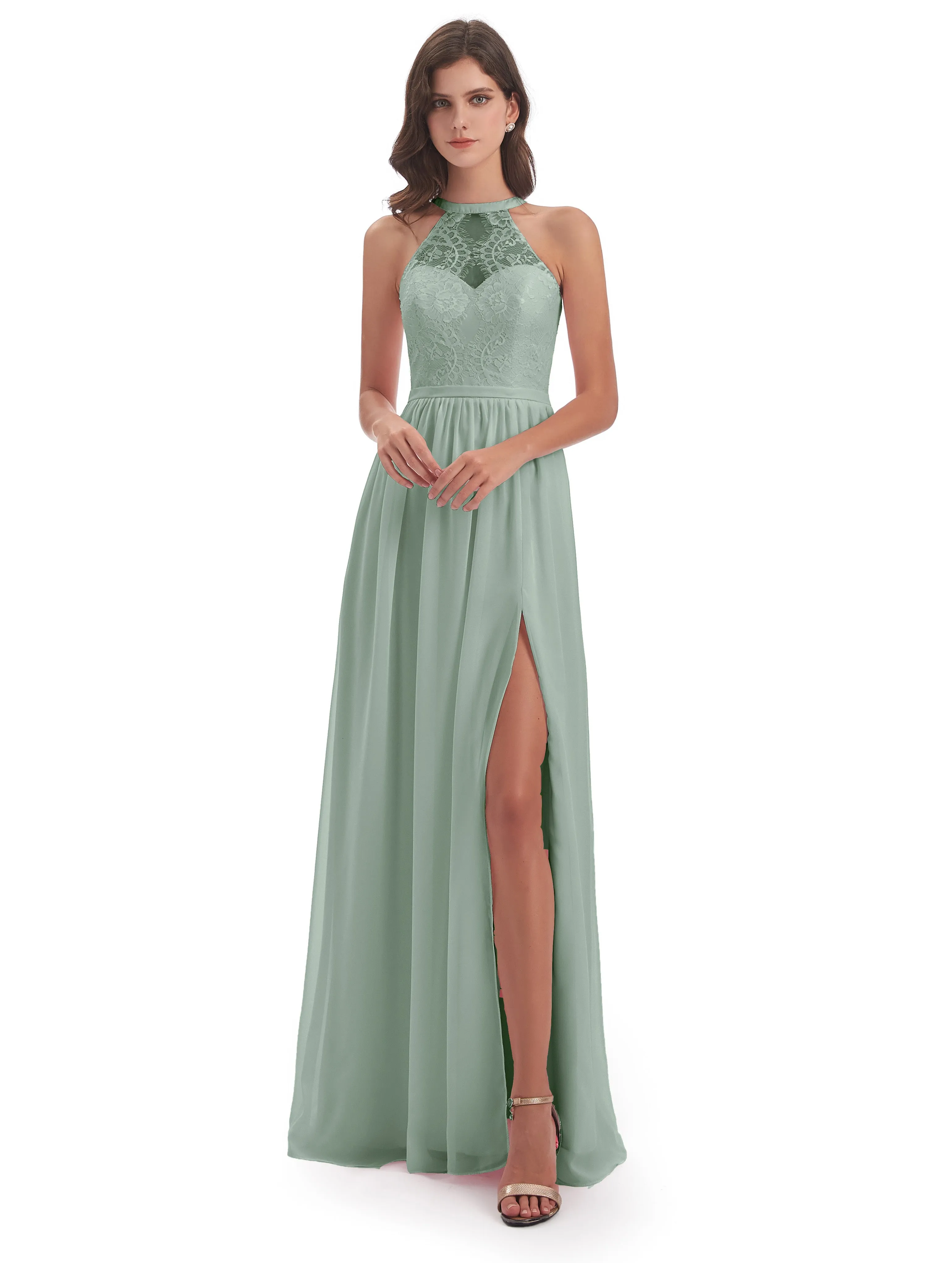 Ava Lace/Chiffon Split Floor-Length Bridesmaid Dresses