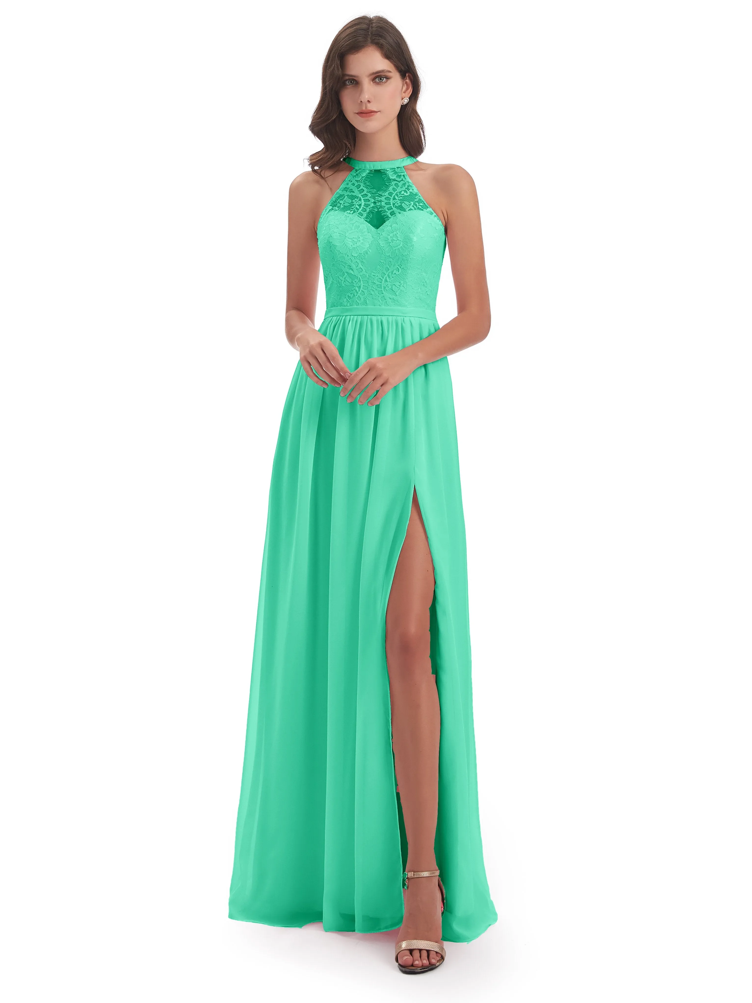 Ava Lace/Chiffon Split Floor-Length Bridesmaid Dresses