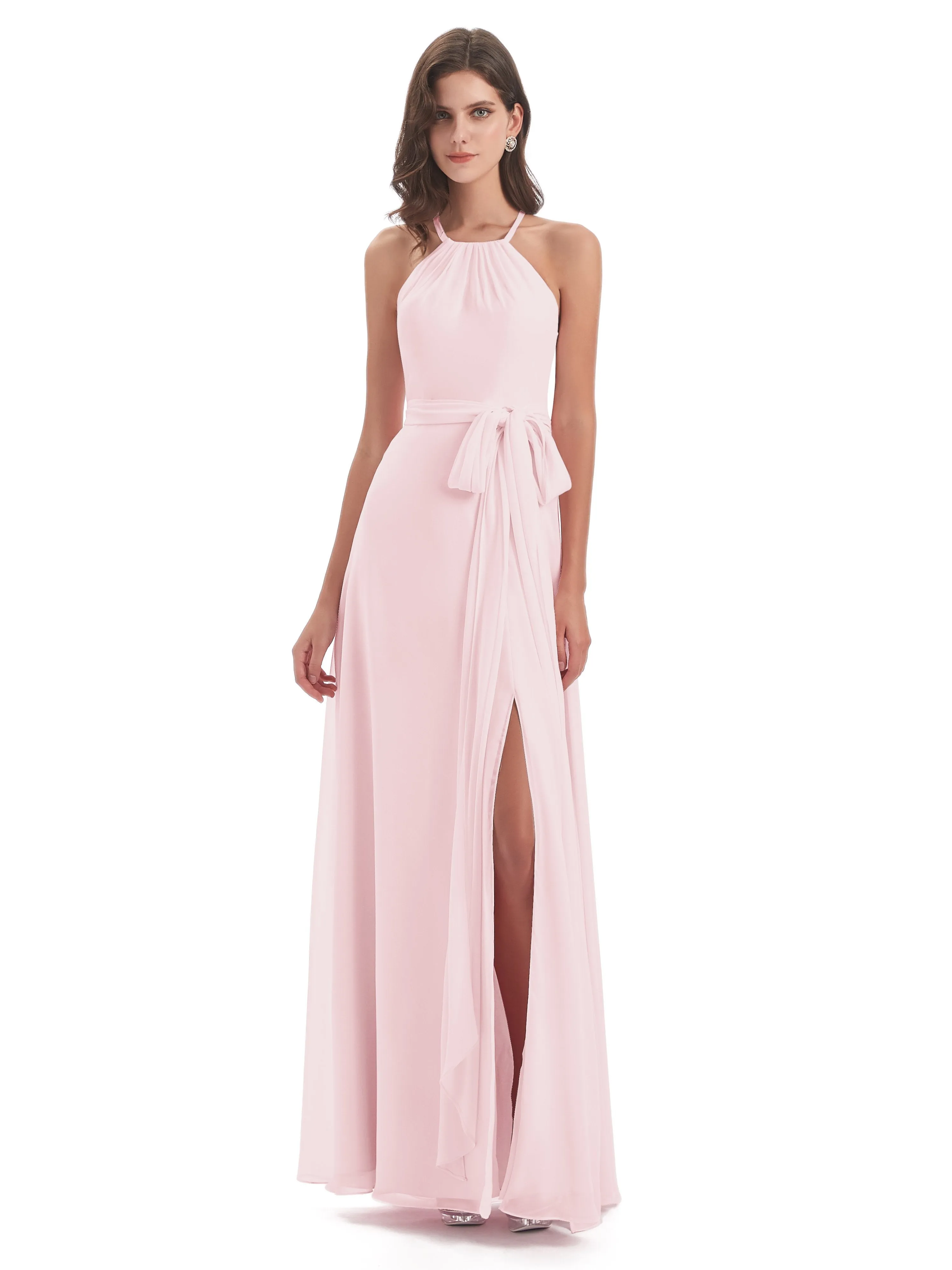 Ayla Modern Chiffon Sheath-Column Halter Long Bridesmaid Dresses