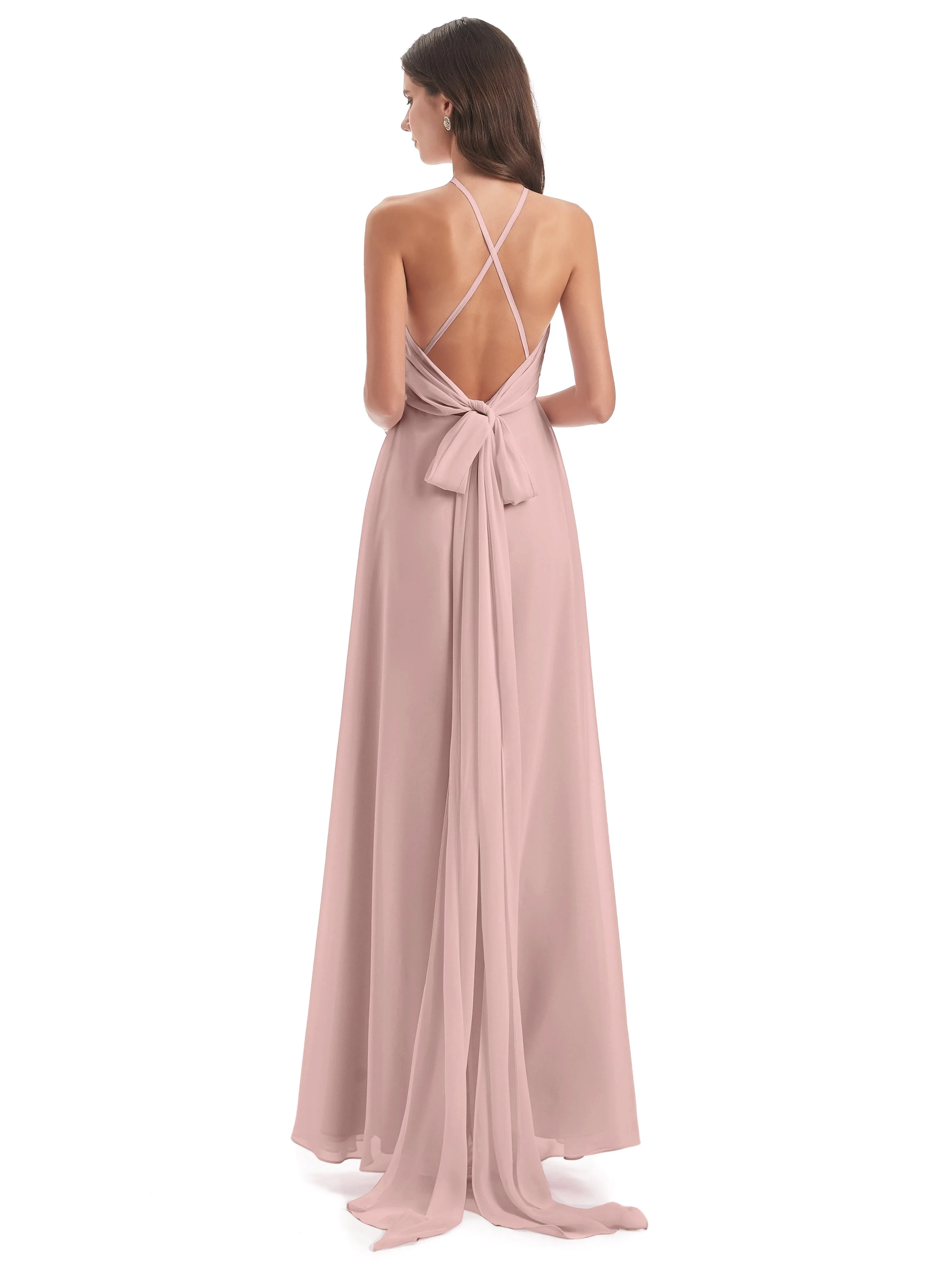 Ayla Modern Chiffon Sheath-Column Halter Long Bridesmaid Dresses