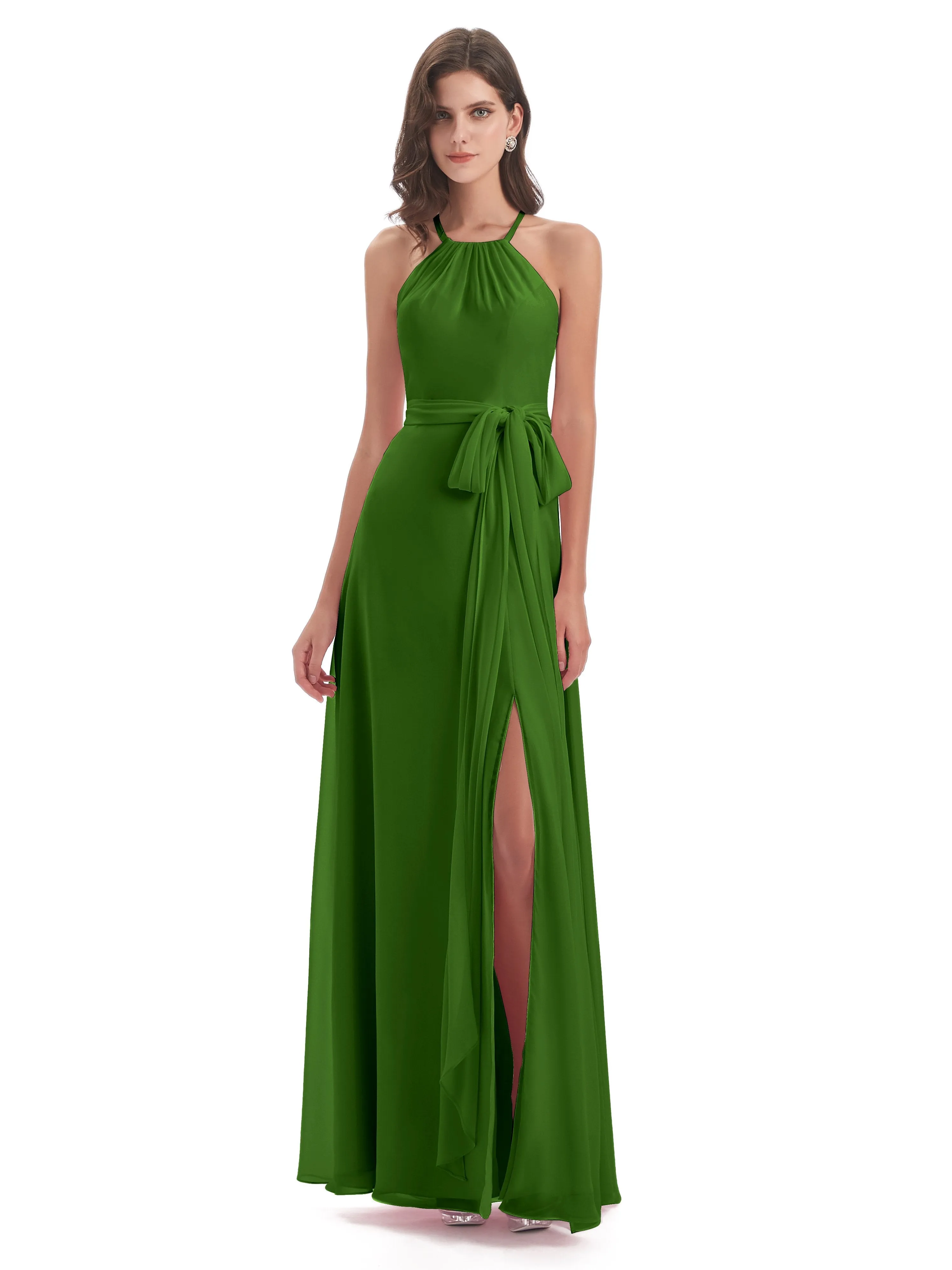 Ayla Modern Chiffon Sheath-Column Halter Long Bridesmaid Dresses