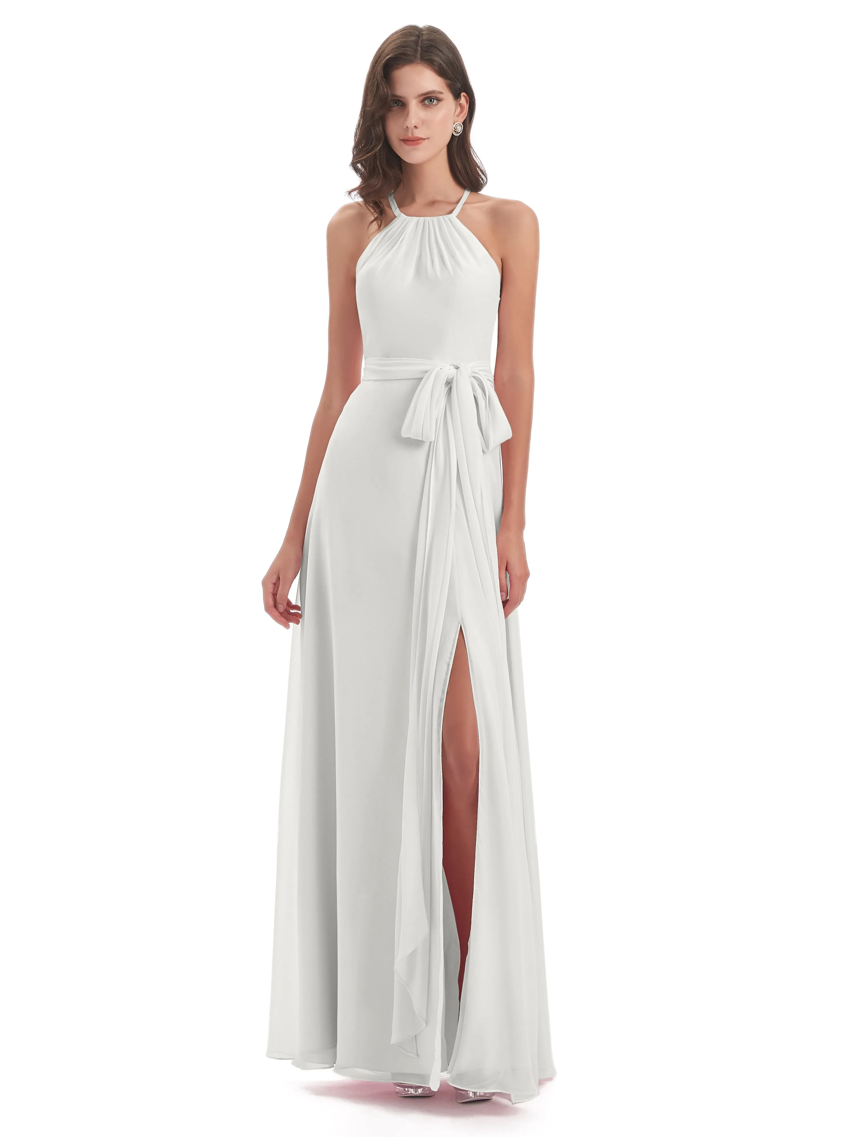 Ayla Modern Chiffon Sheath-Column Halter Long Bridesmaid Dresses