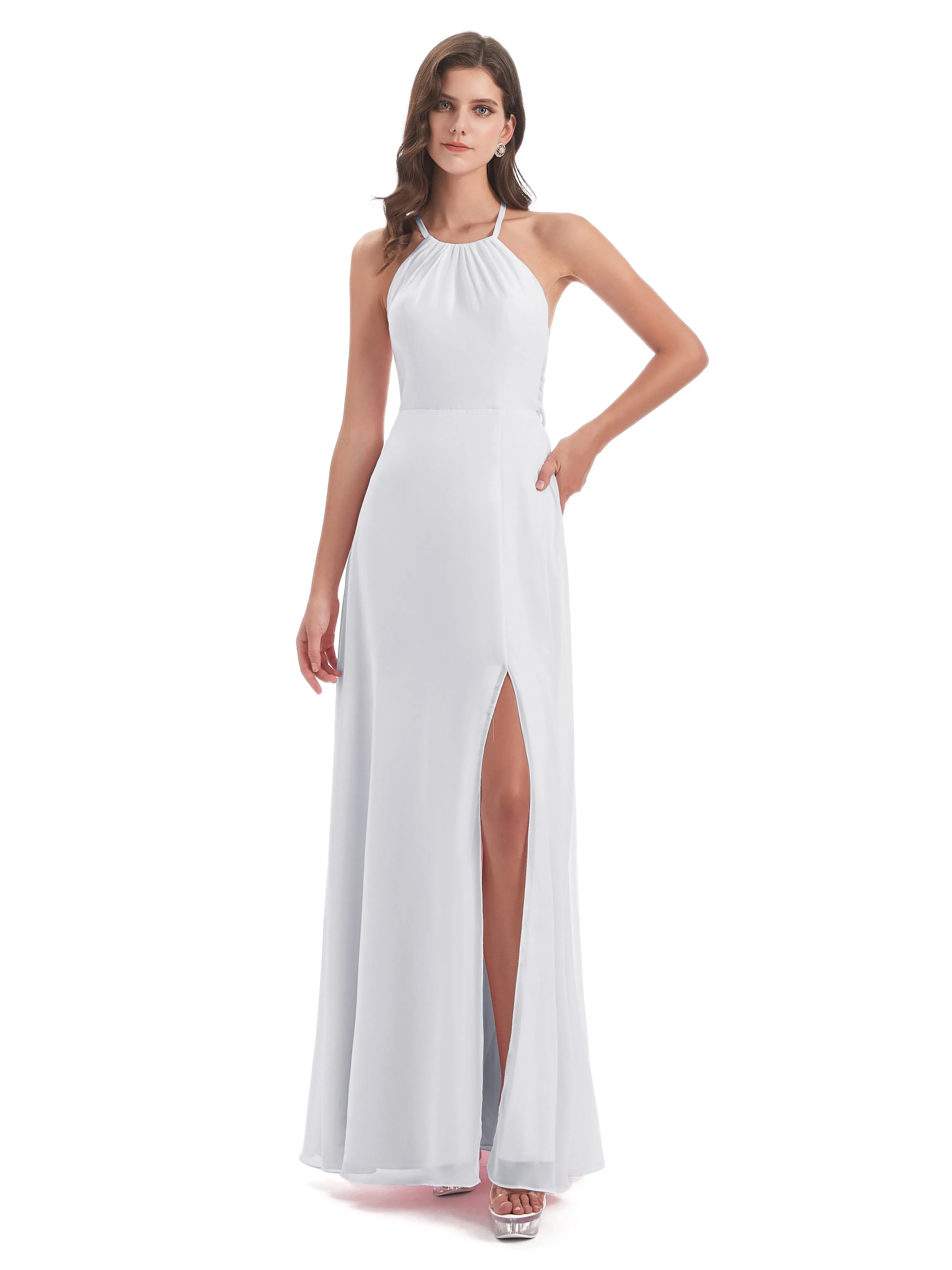 Ayla Modern Chiffon Sheath-Column Halter Long Bridesmaid Dresses