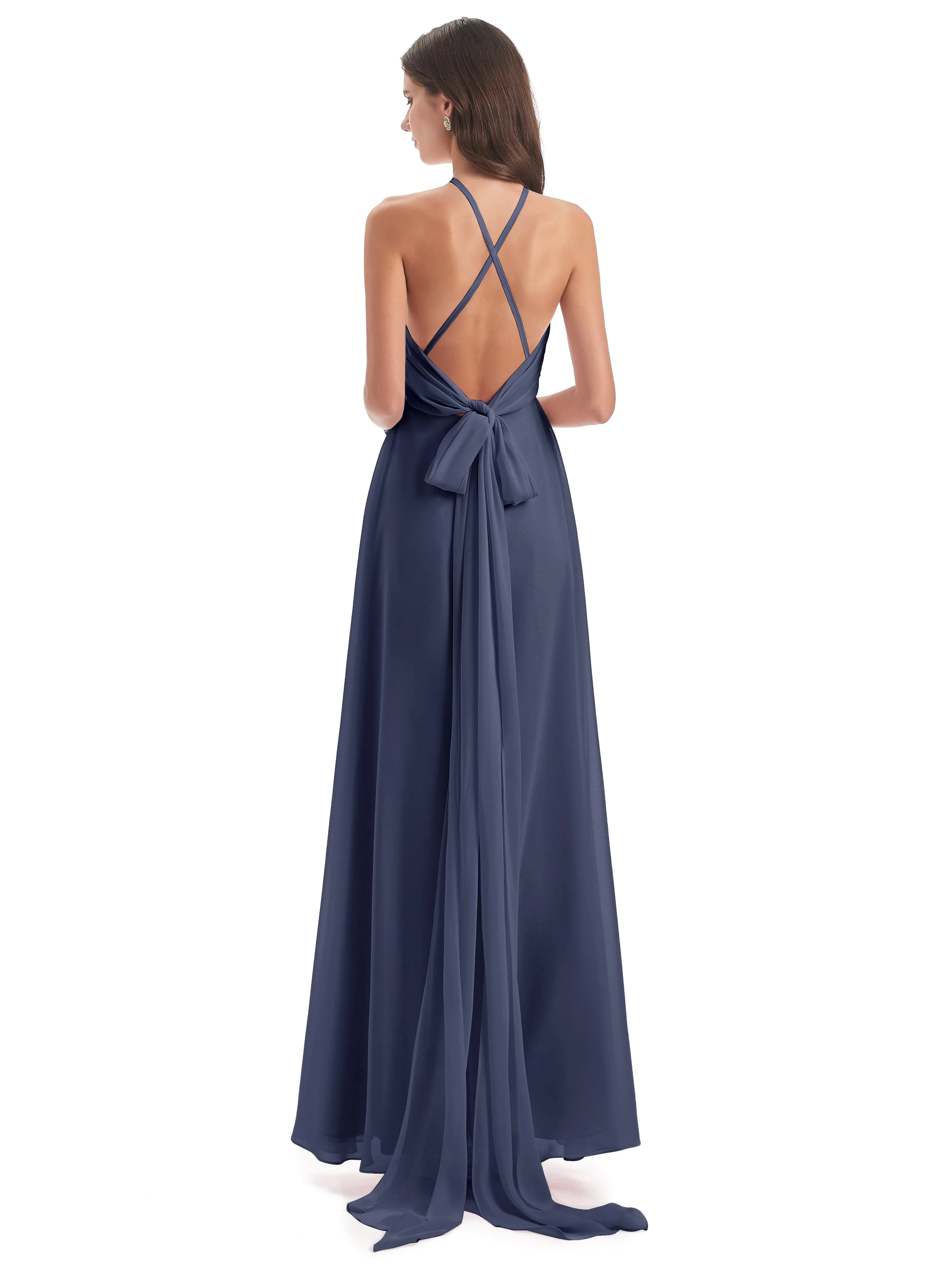 Ayla Modern Chiffon Sheath-Column Halter Long Bridesmaid Dresses