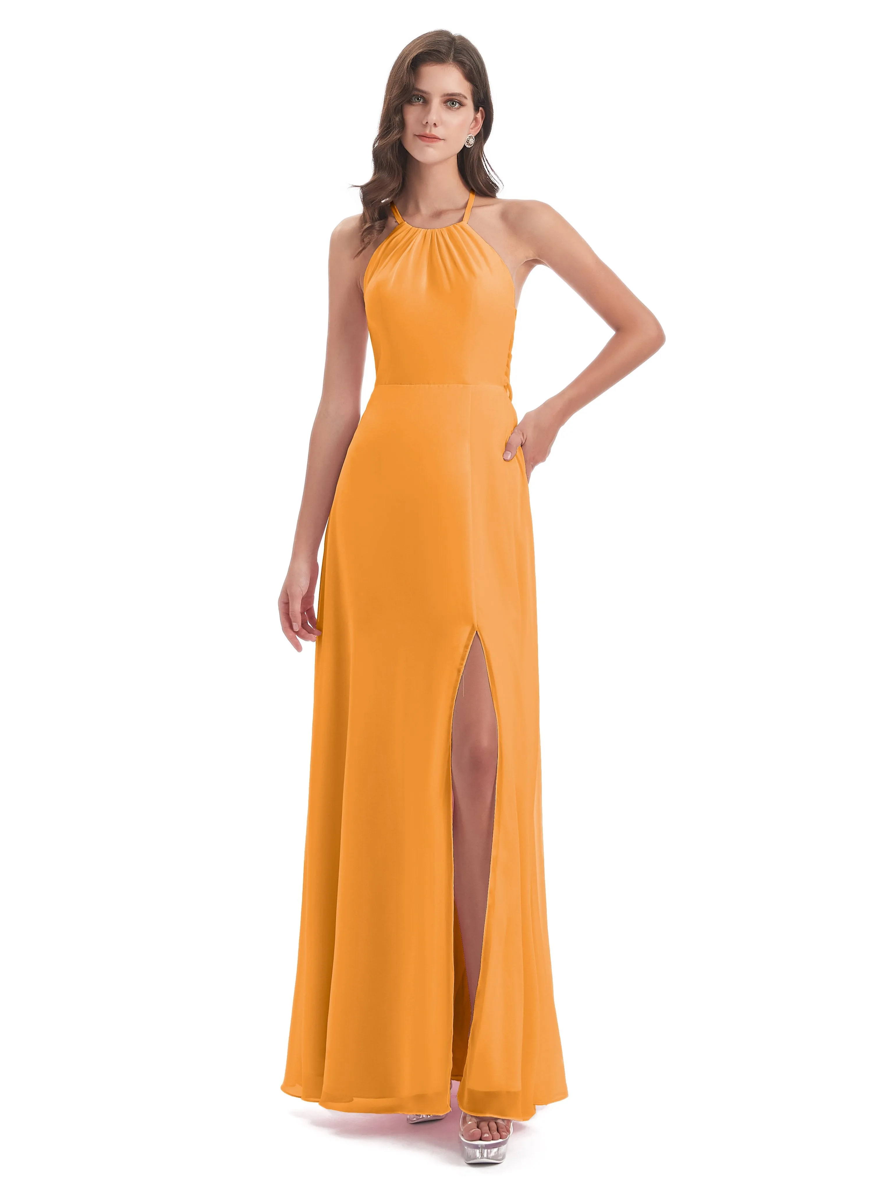 Ayla Modern Chiffon Sheath-Column Halter Long Bridesmaid Dresses