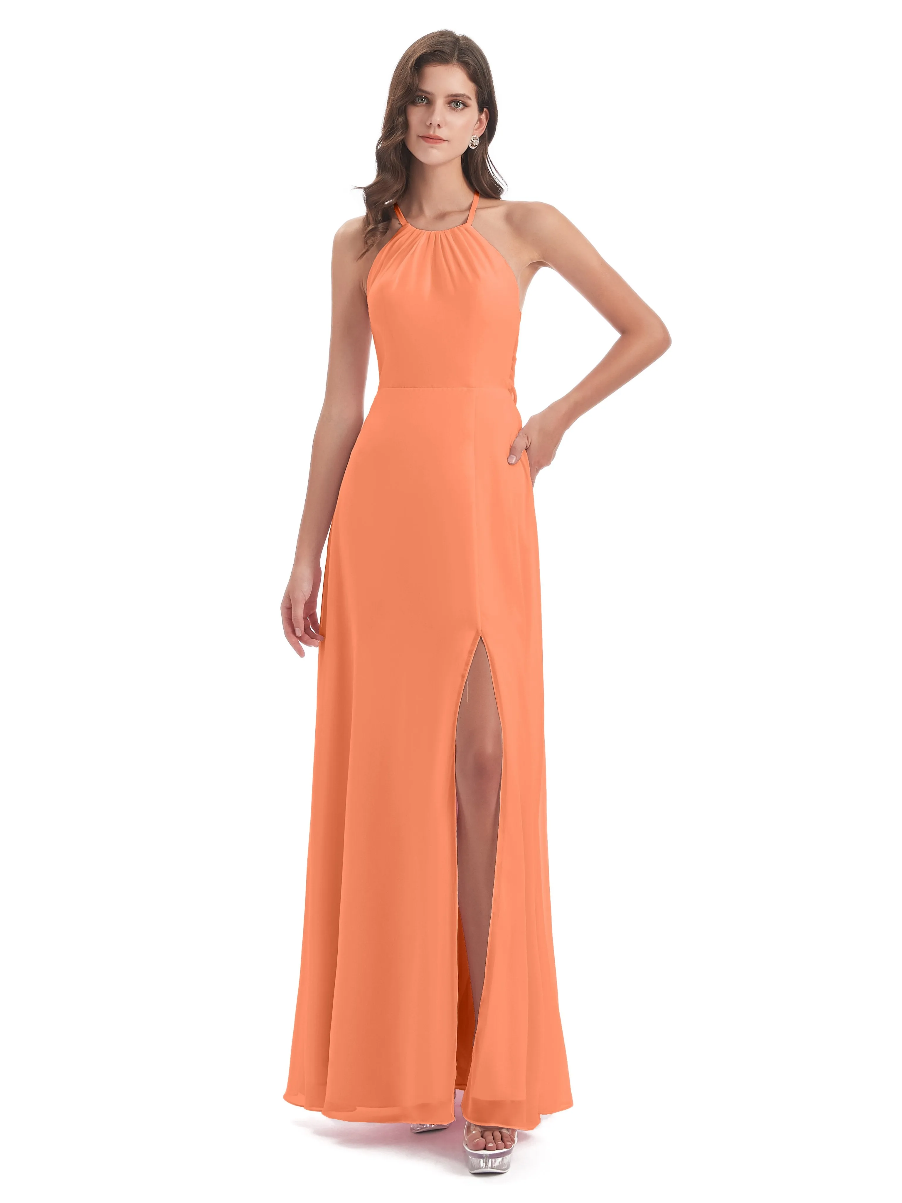 Ayla Modern Chiffon Sheath-Column Halter Long Bridesmaid Dresses