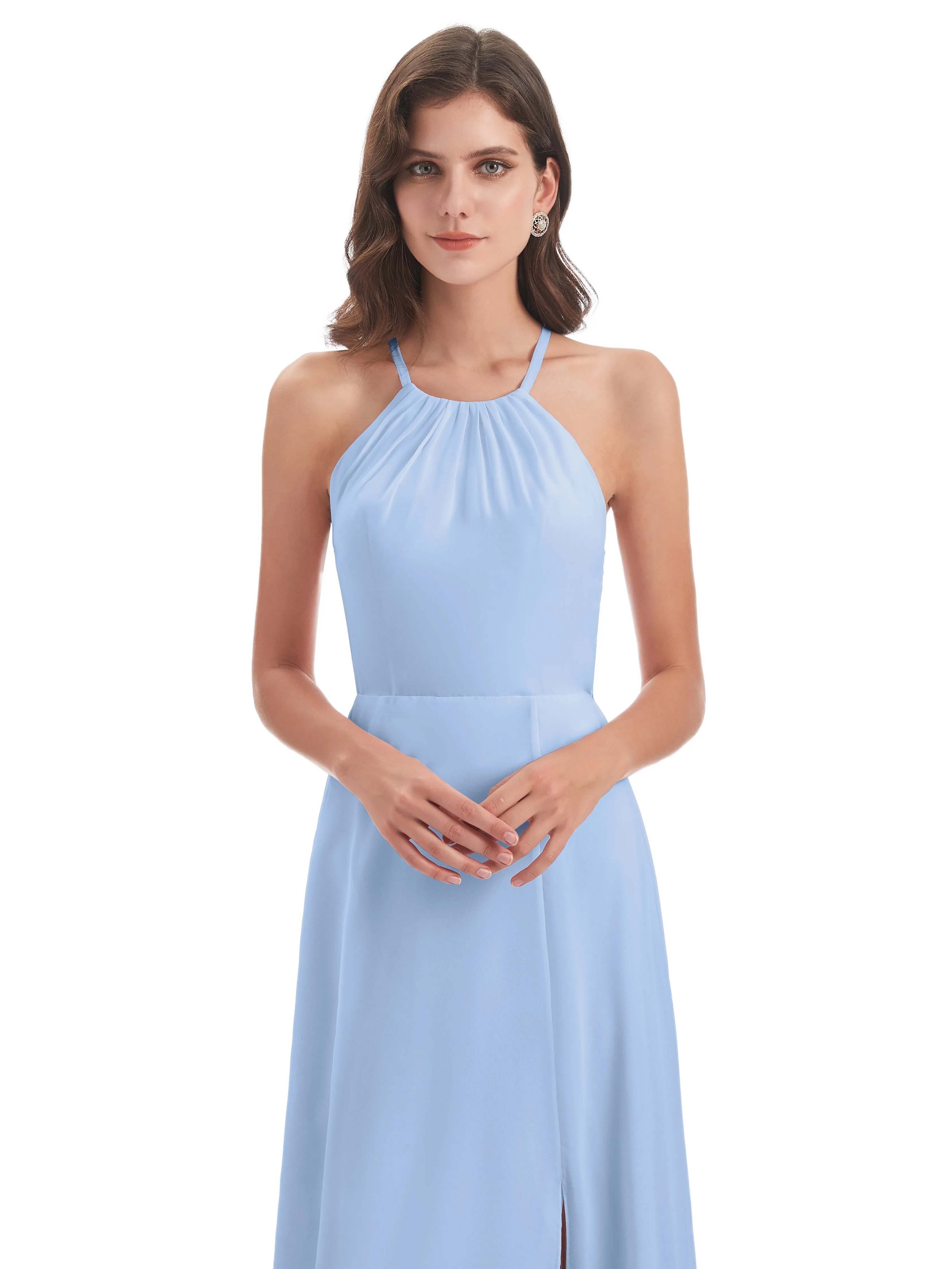 Ayla Modern Chiffon Sheath-Column Halter Long Bridesmaid Dresses