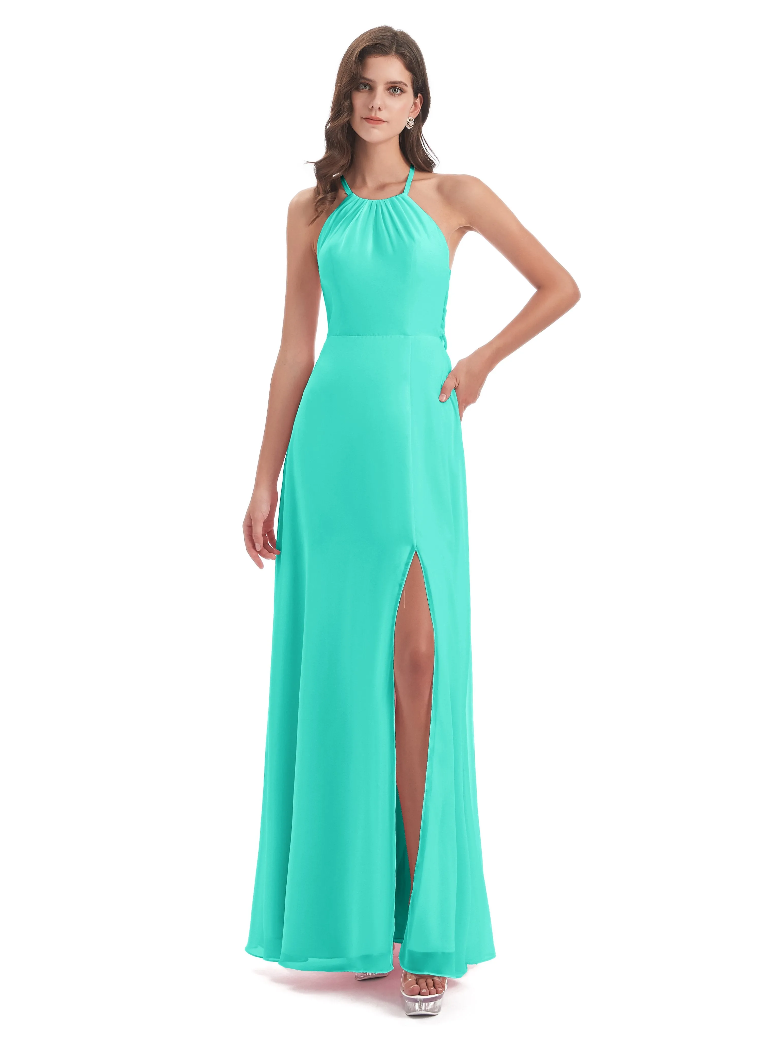 Ayla Modern Chiffon Sheath-Column Halter Long Bridesmaid Dresses