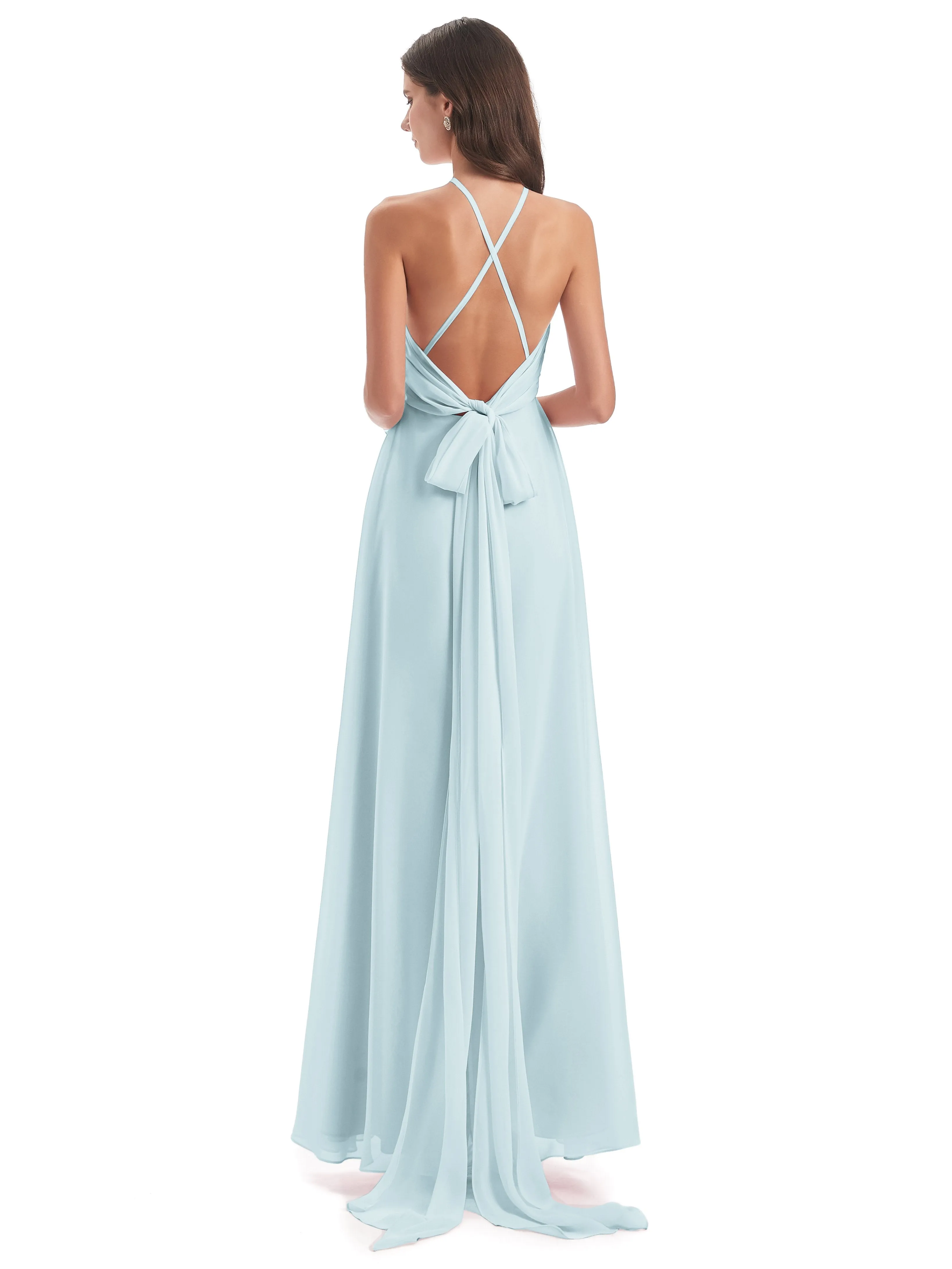 Ayla Modern Chiffon Sheath-Column Halter Long Bridesmaid Dresses