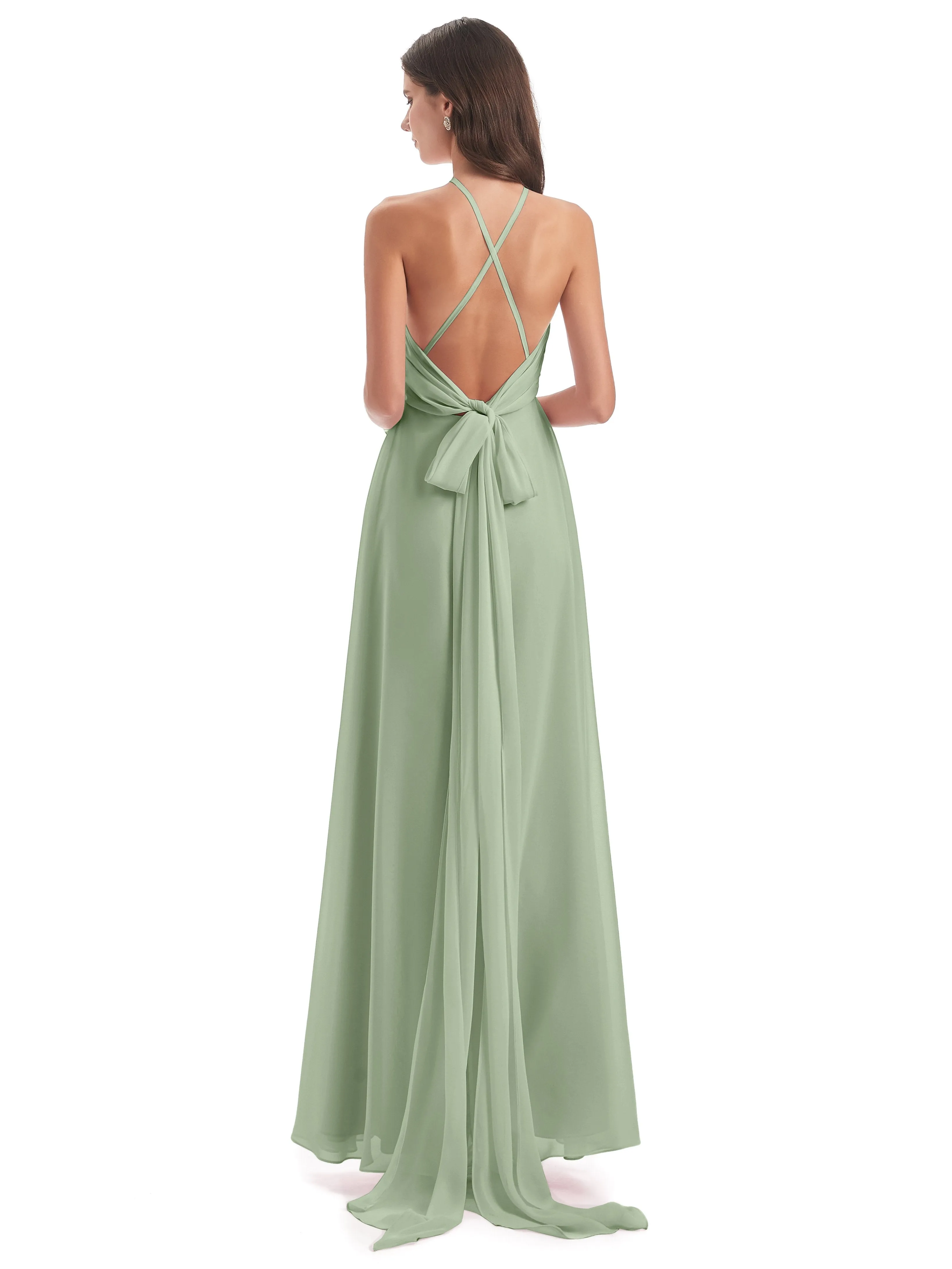 Ayla Modern Chiffon Sheath-Column Halter Long Bridesmaid Dresses