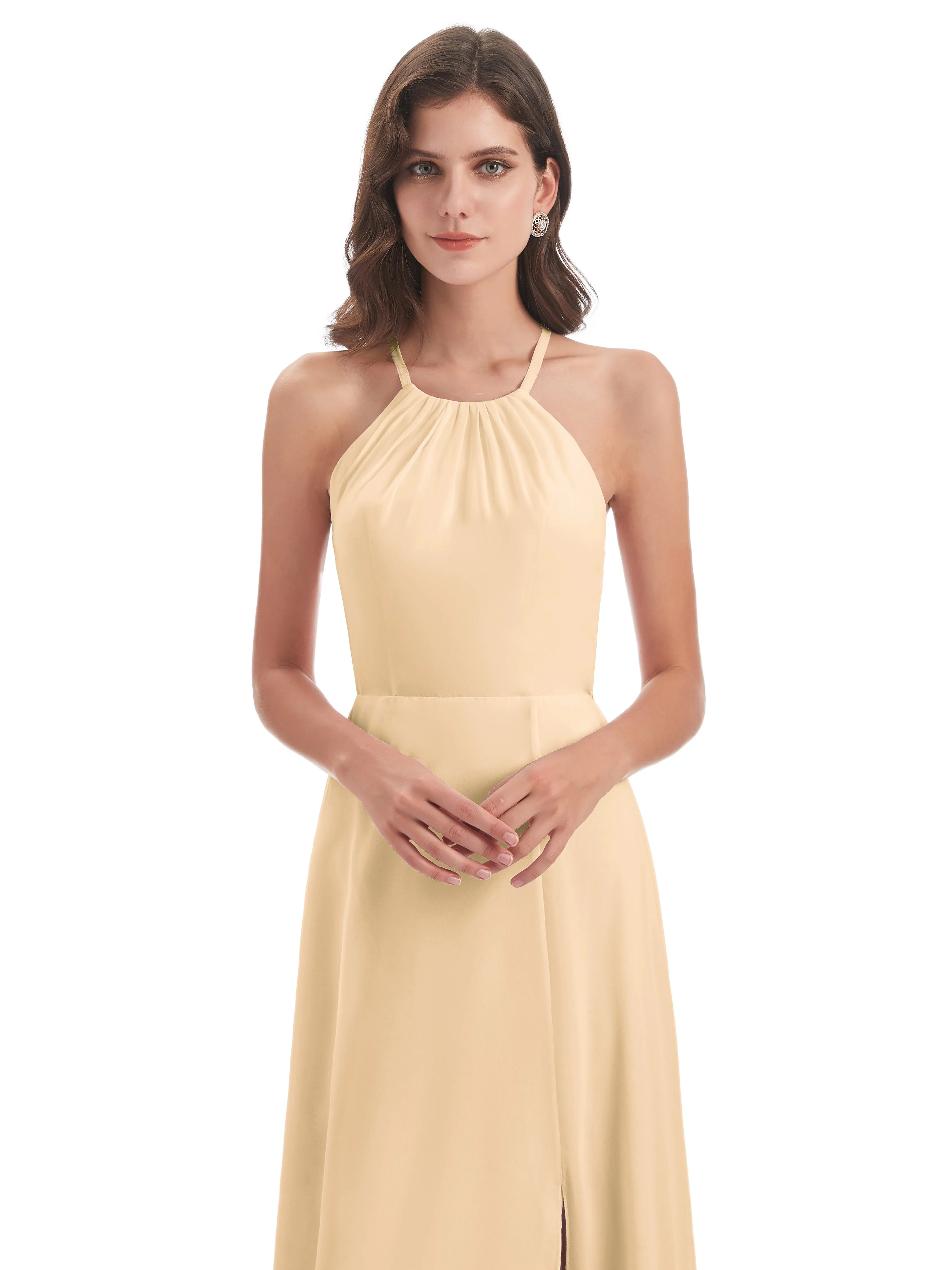 Ayla Modern Chiffon Sheath-Column Halter Long Bridesmaid Dresses