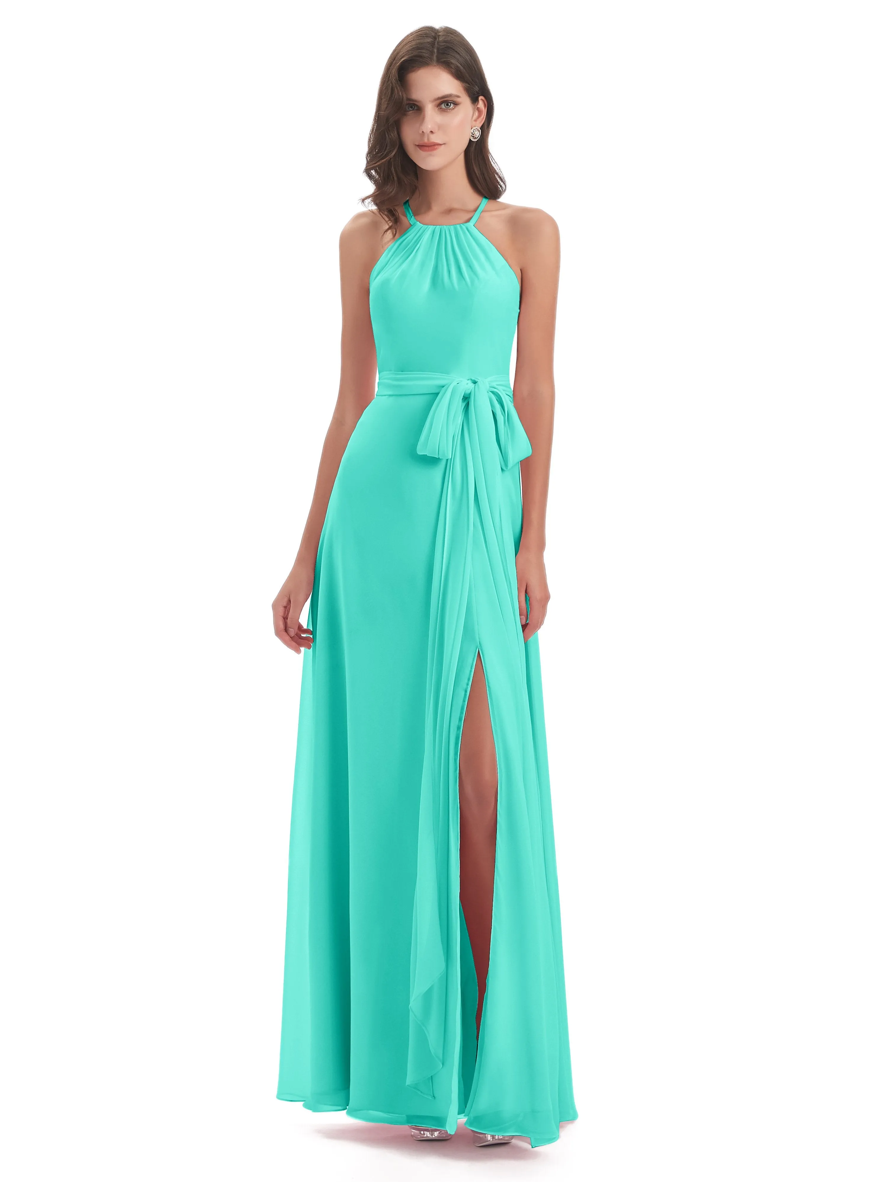 Ayla Modern Chiffon Sheath-Column Halter Long Bridesmaid Dresses