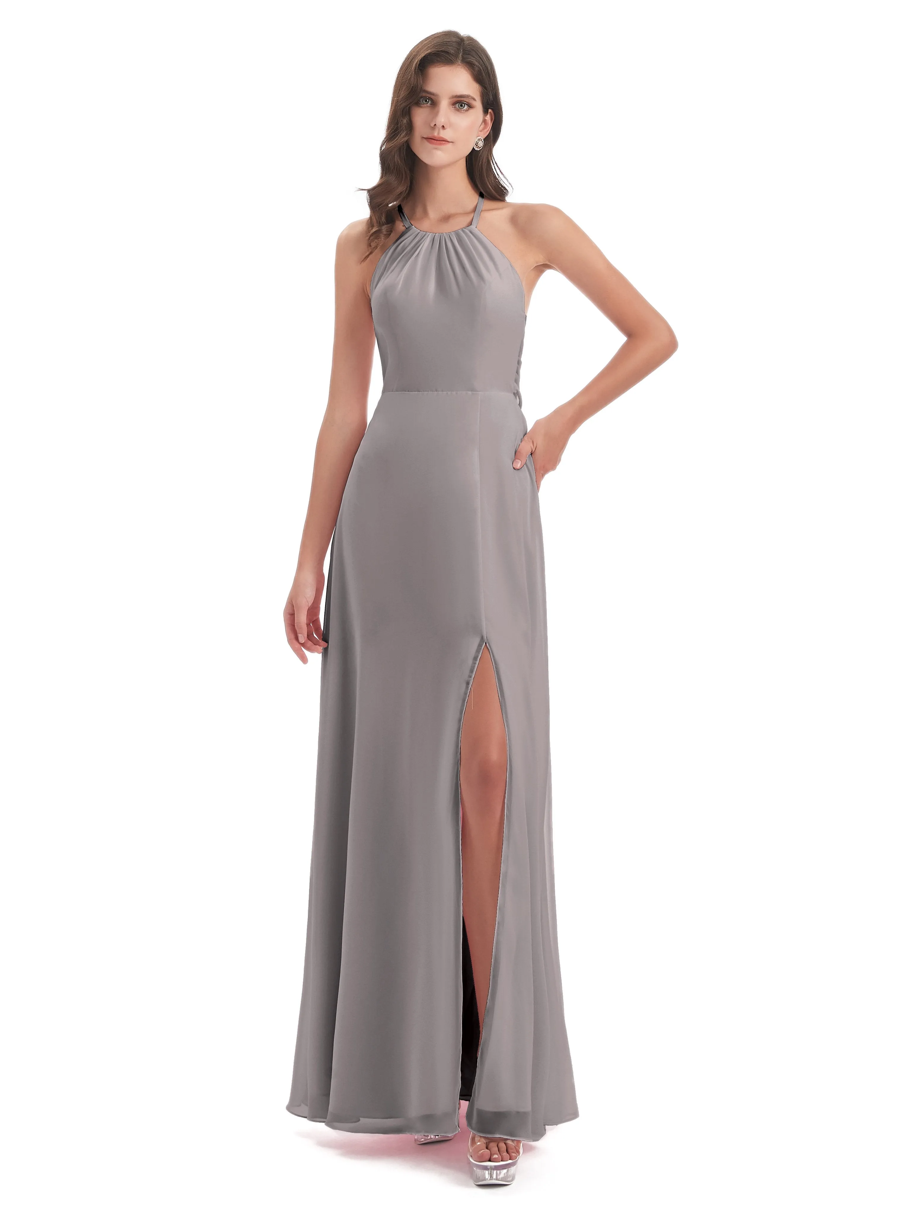 Ayla Modern Chiffon Sheath-Column Halter Long Bridesmaid Dresses