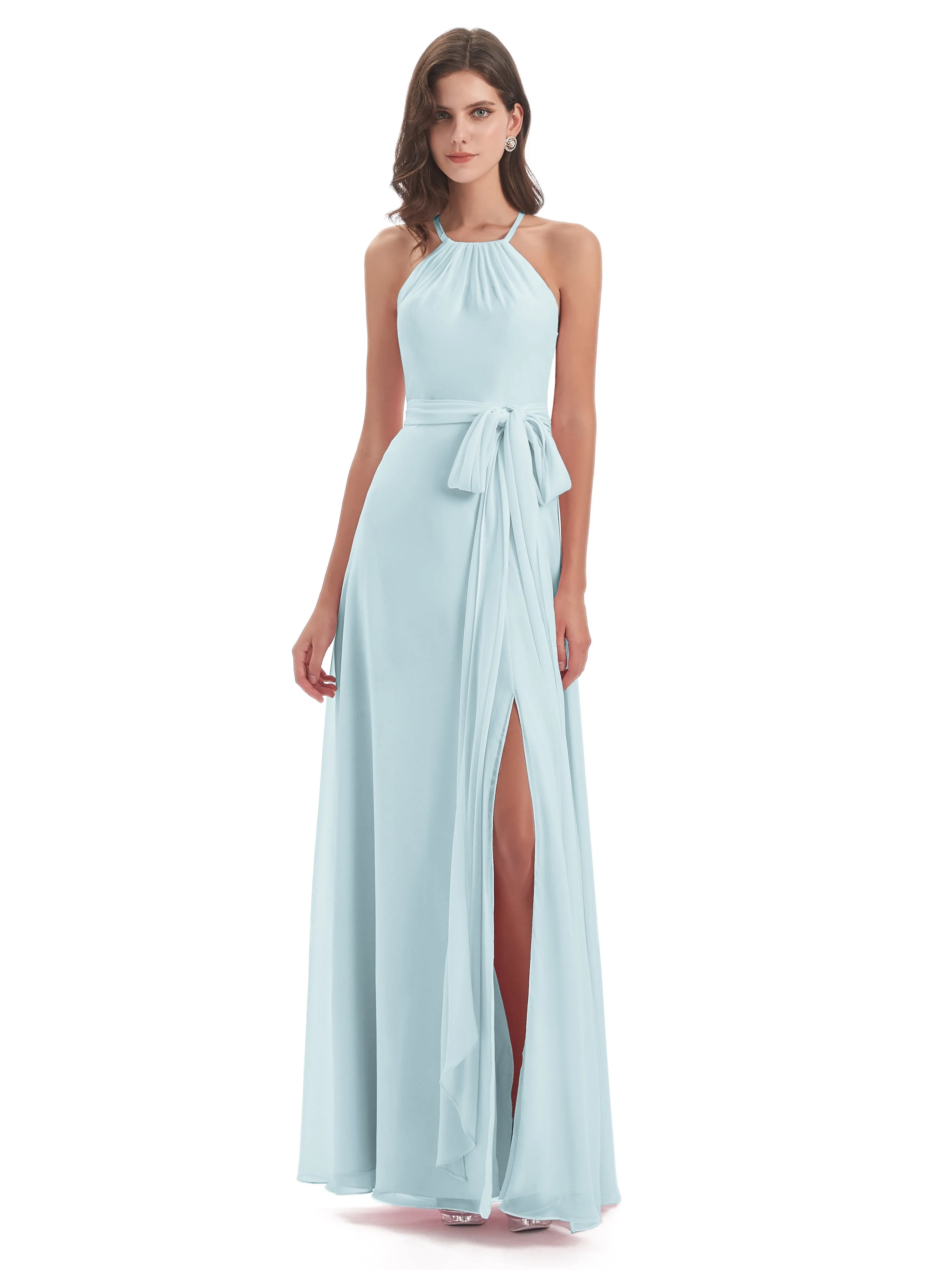 Ayla Modern Chiffon Sheath-Column Halter Long Bridesmaid Dresses