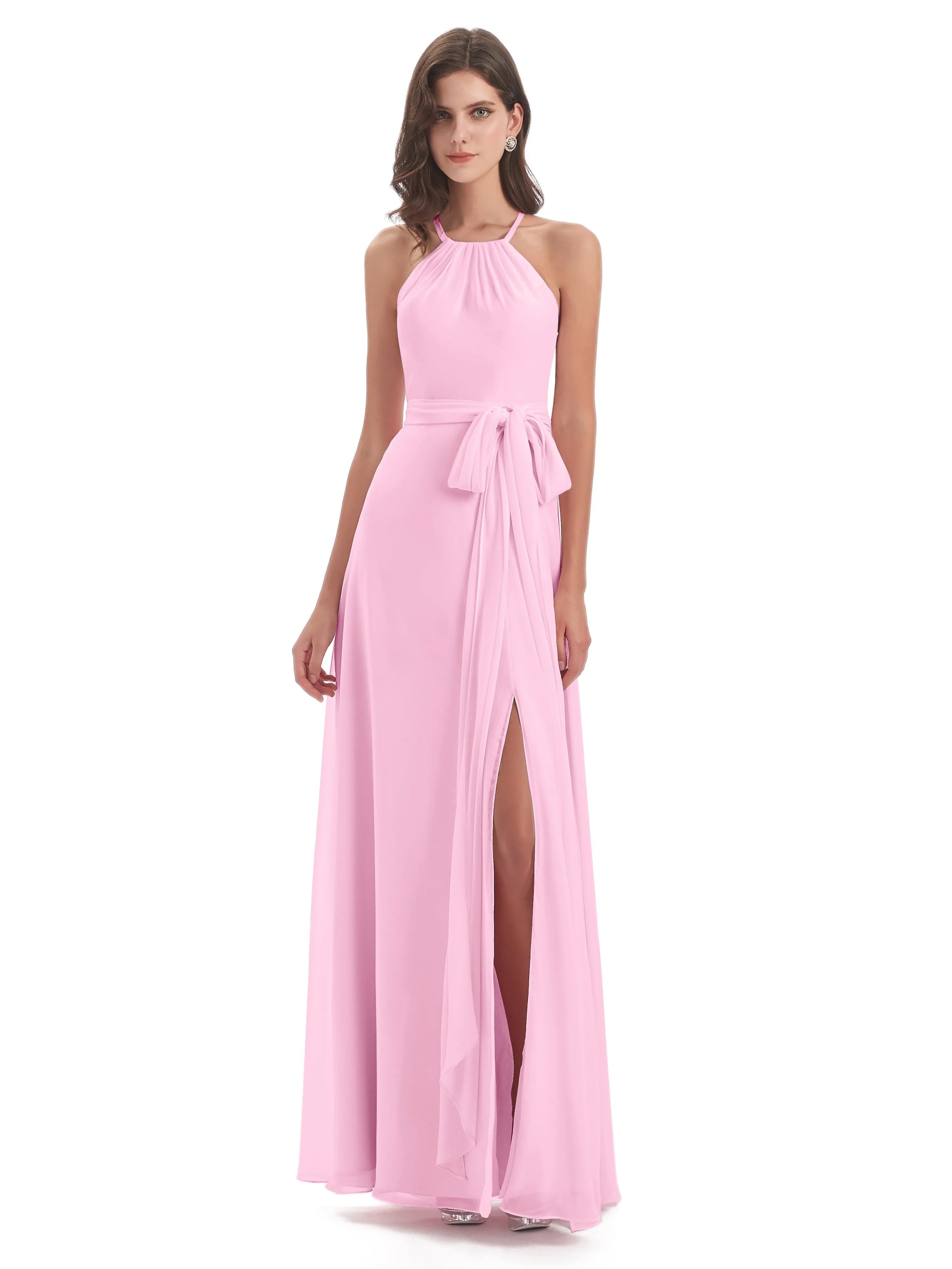 Ayla Modern Chiffon Sheath-Column Halter Long Bridesmaid Dresses