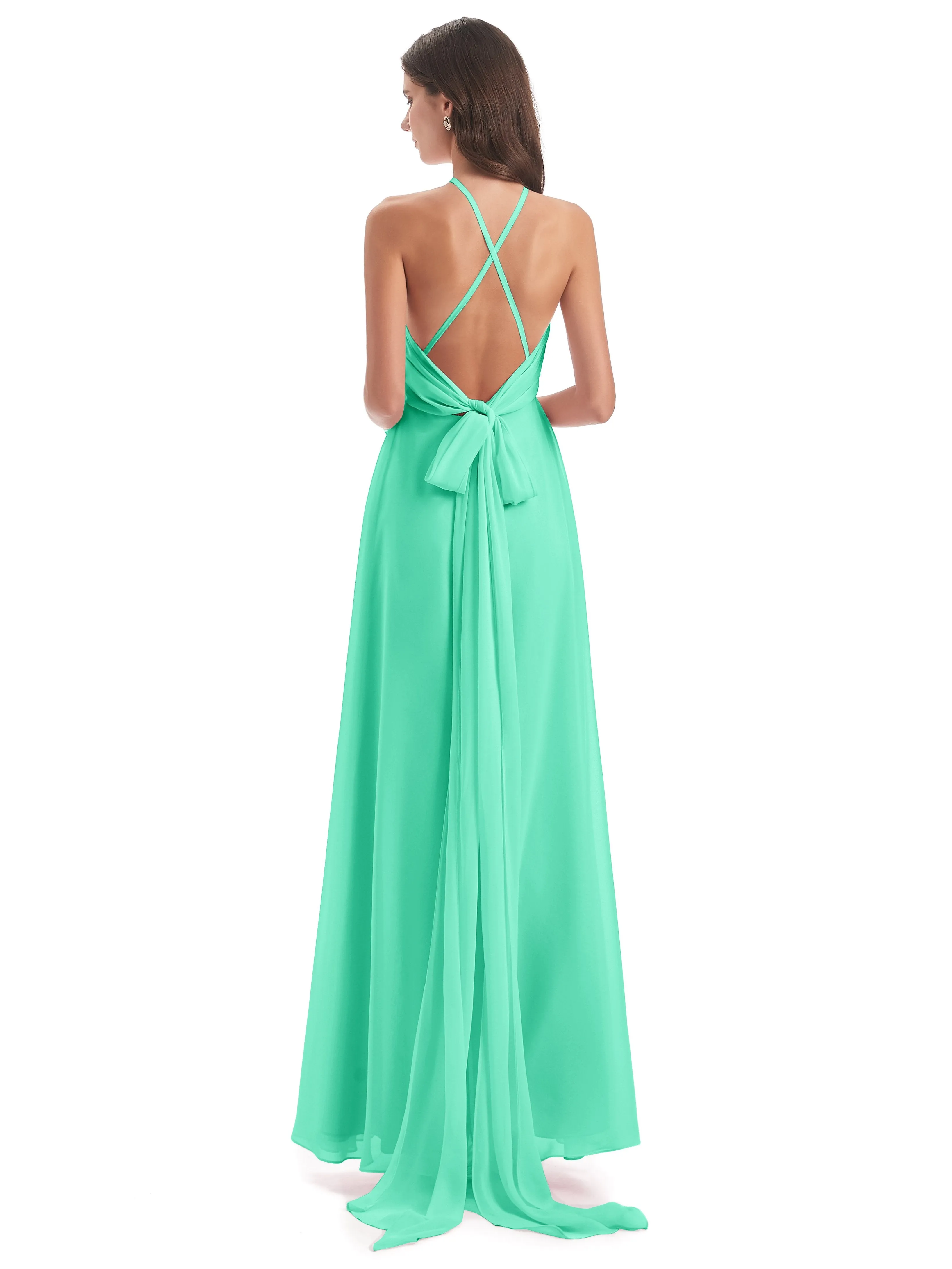 Ayla Modern Chiffon Sheath-Column Halter Long Bridesmaid Dresses