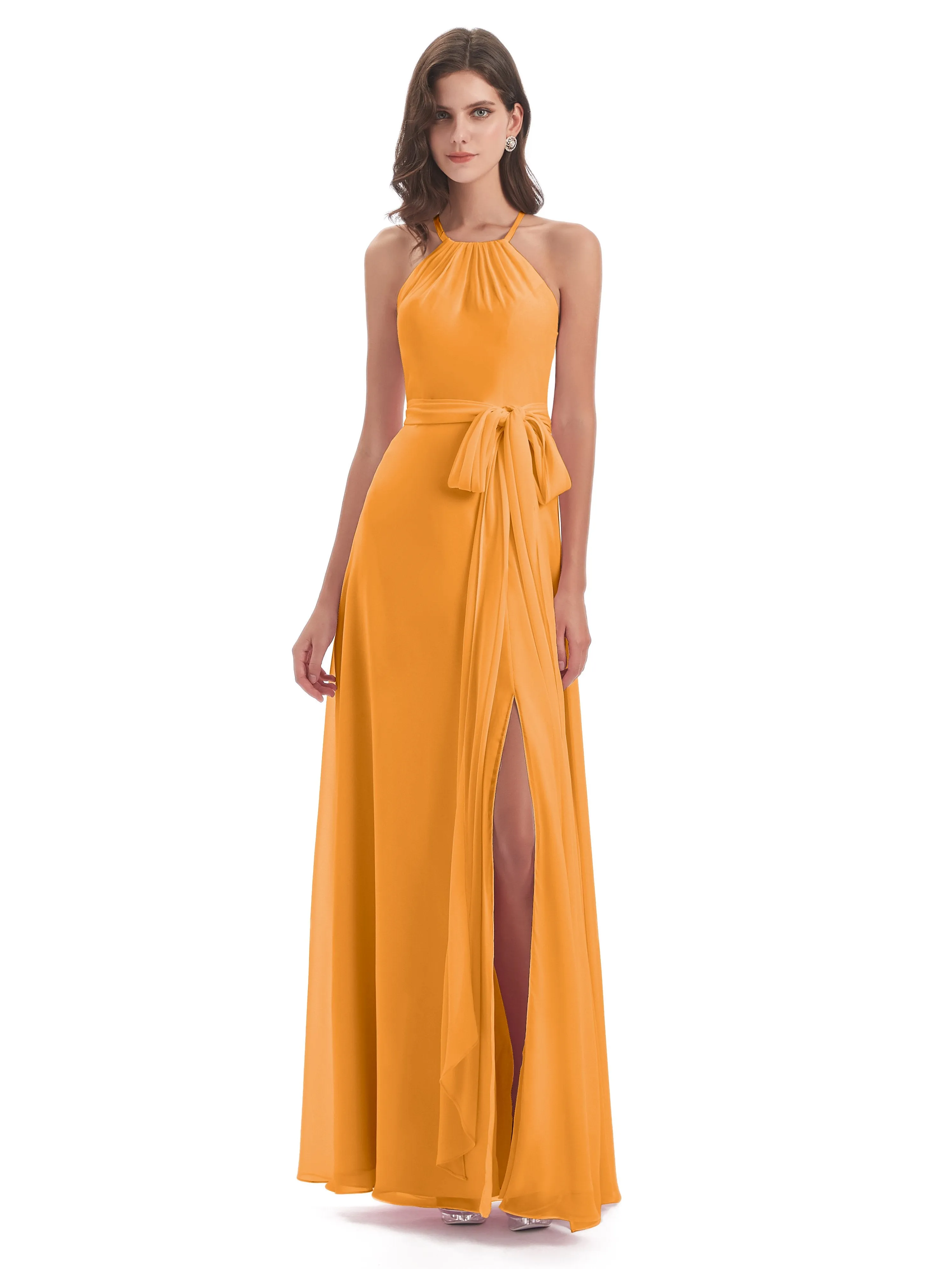 Ayla Modern Chiffon Sheath-Column Halter Long Bridesmaid Dresses