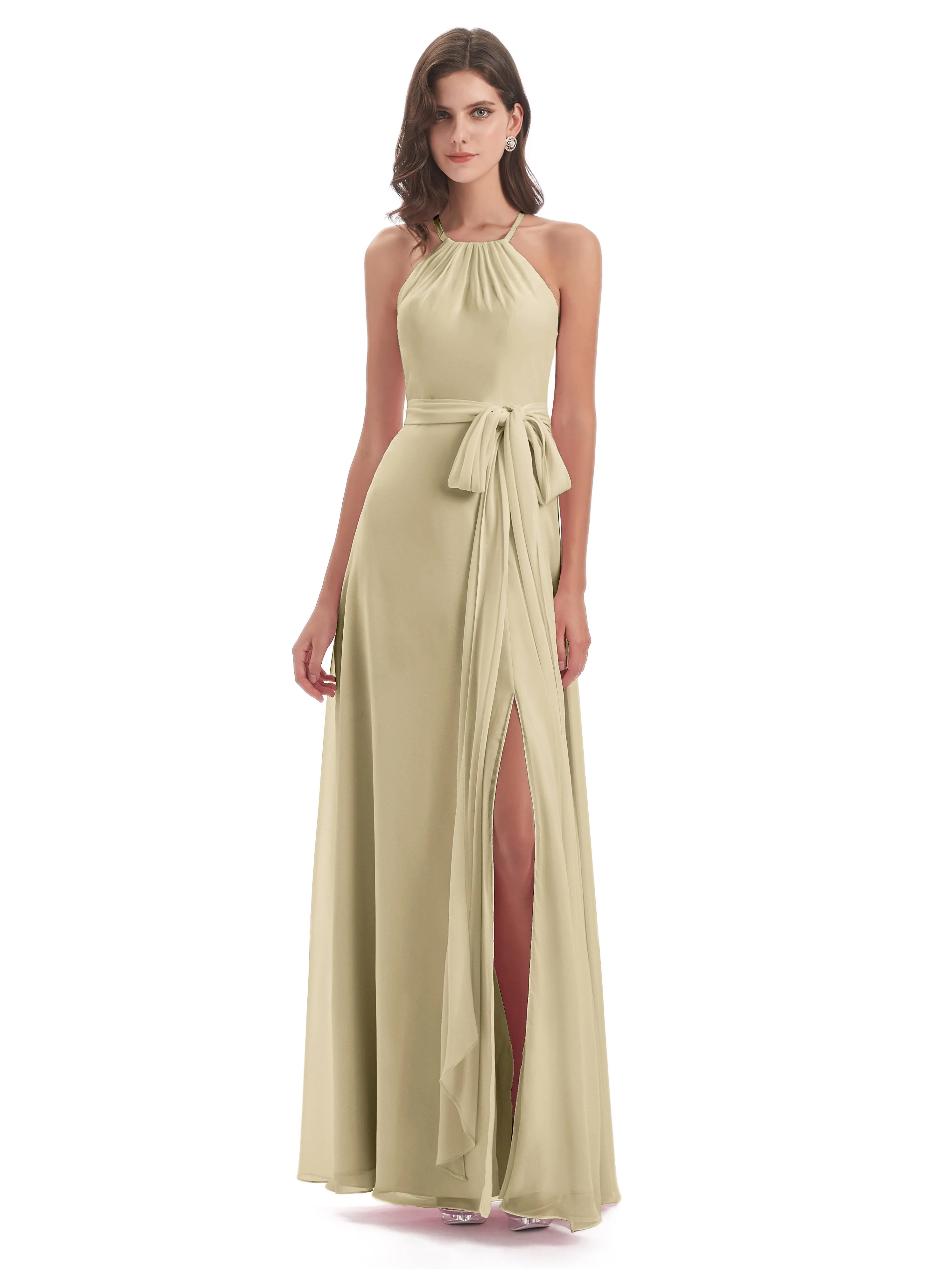 Ayla Modern Chiffon Sheath-Column Halter Long Bridesmaid Dresses