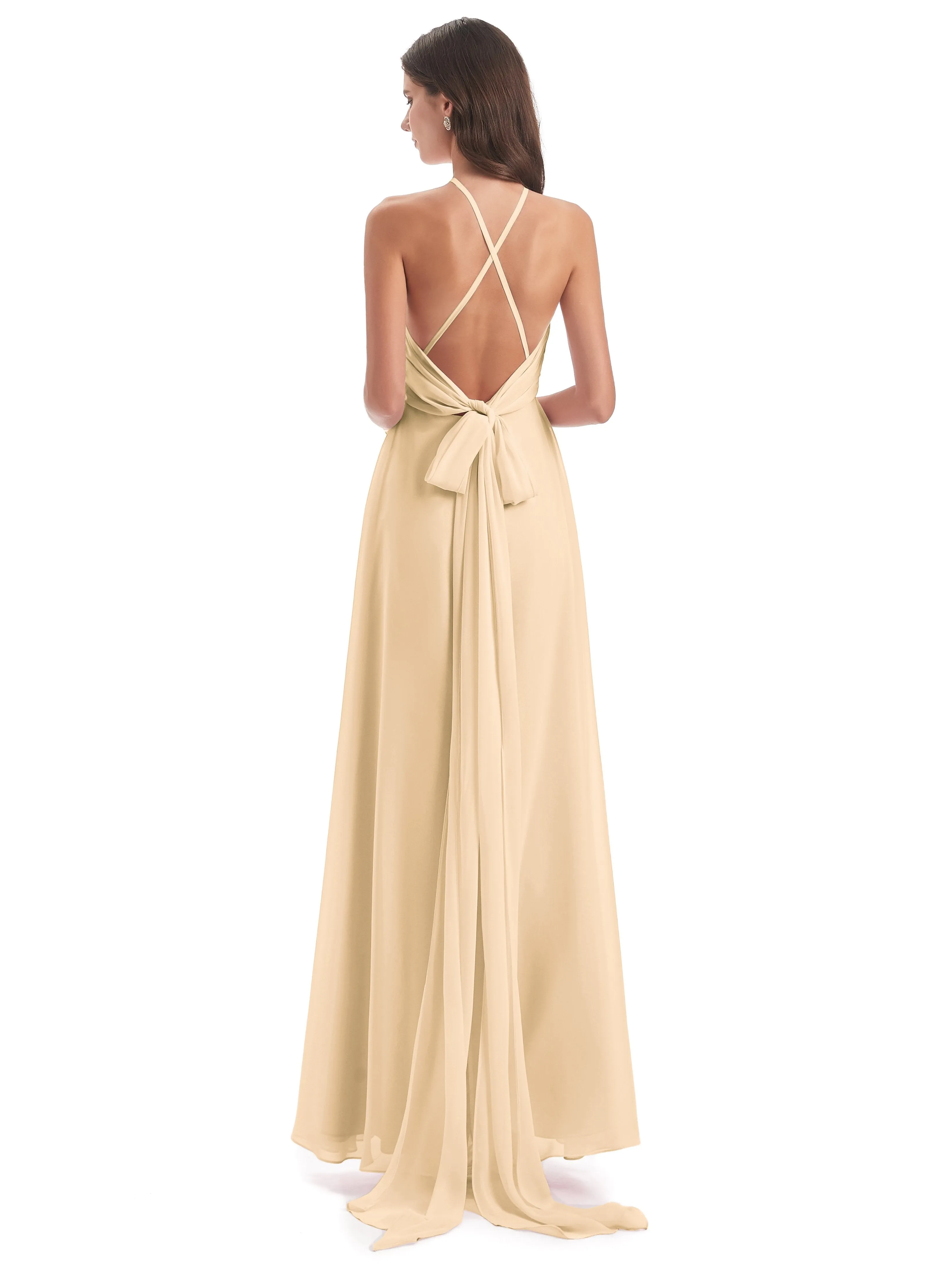 Ayla Modern Chiffon Sheath-Column Halter Long Bridesmaid Dresses