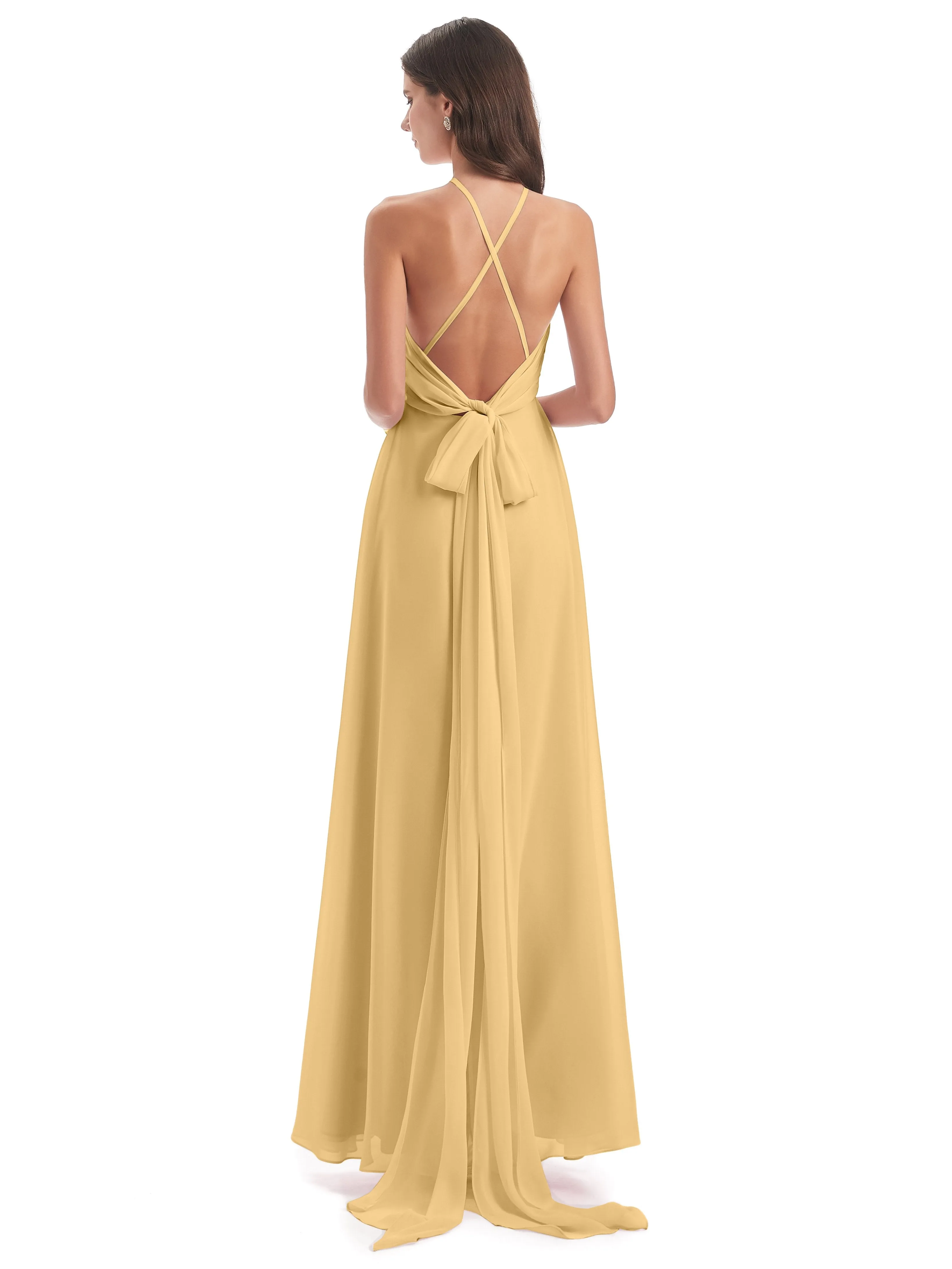 Ayla Modern Chiffon Sheath-Column Halter Long Bridesmaid Dresses