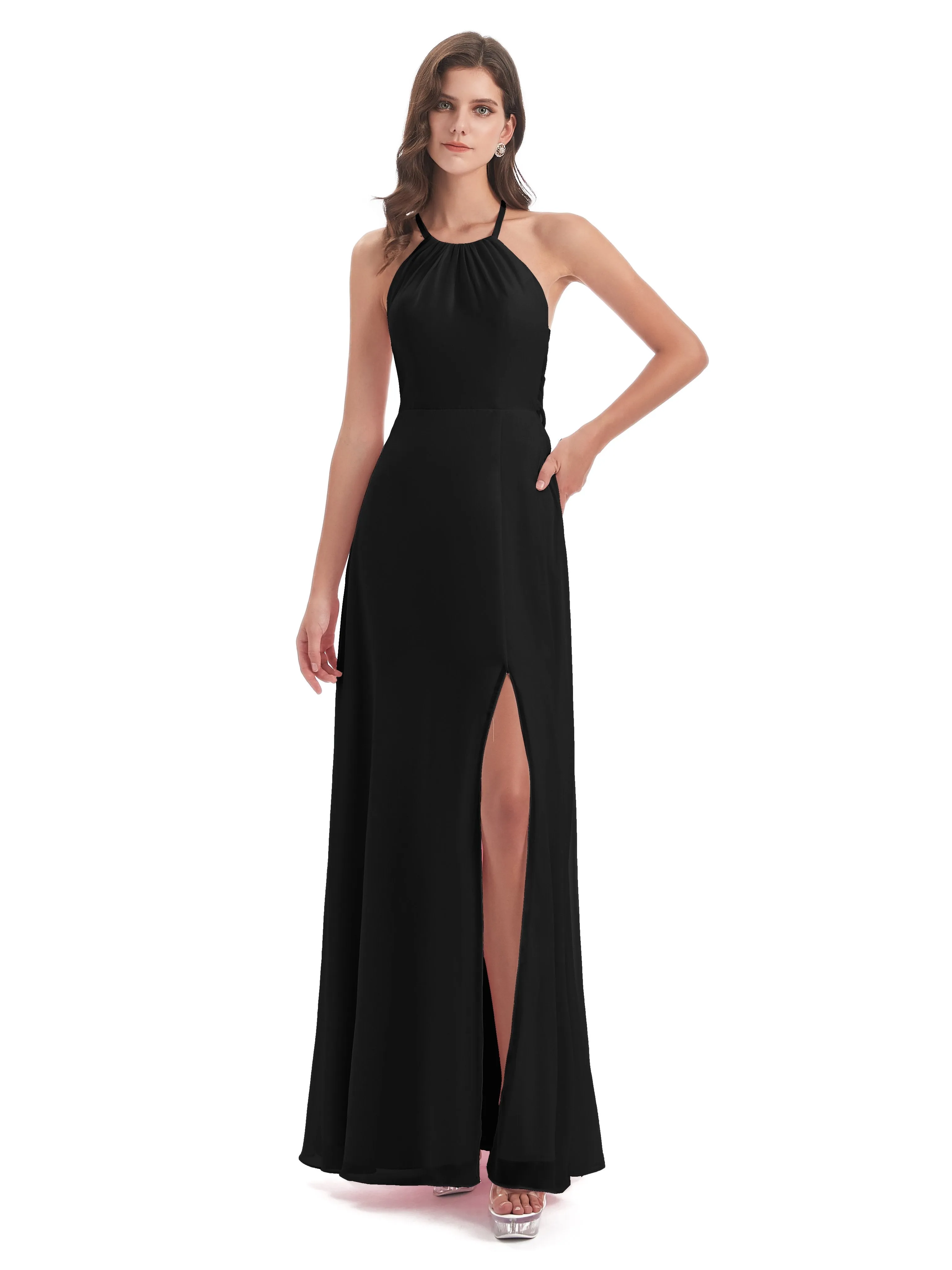 Ayla Modern Chiffon Sheath-Column Halter Long Bridesmaid Dresses