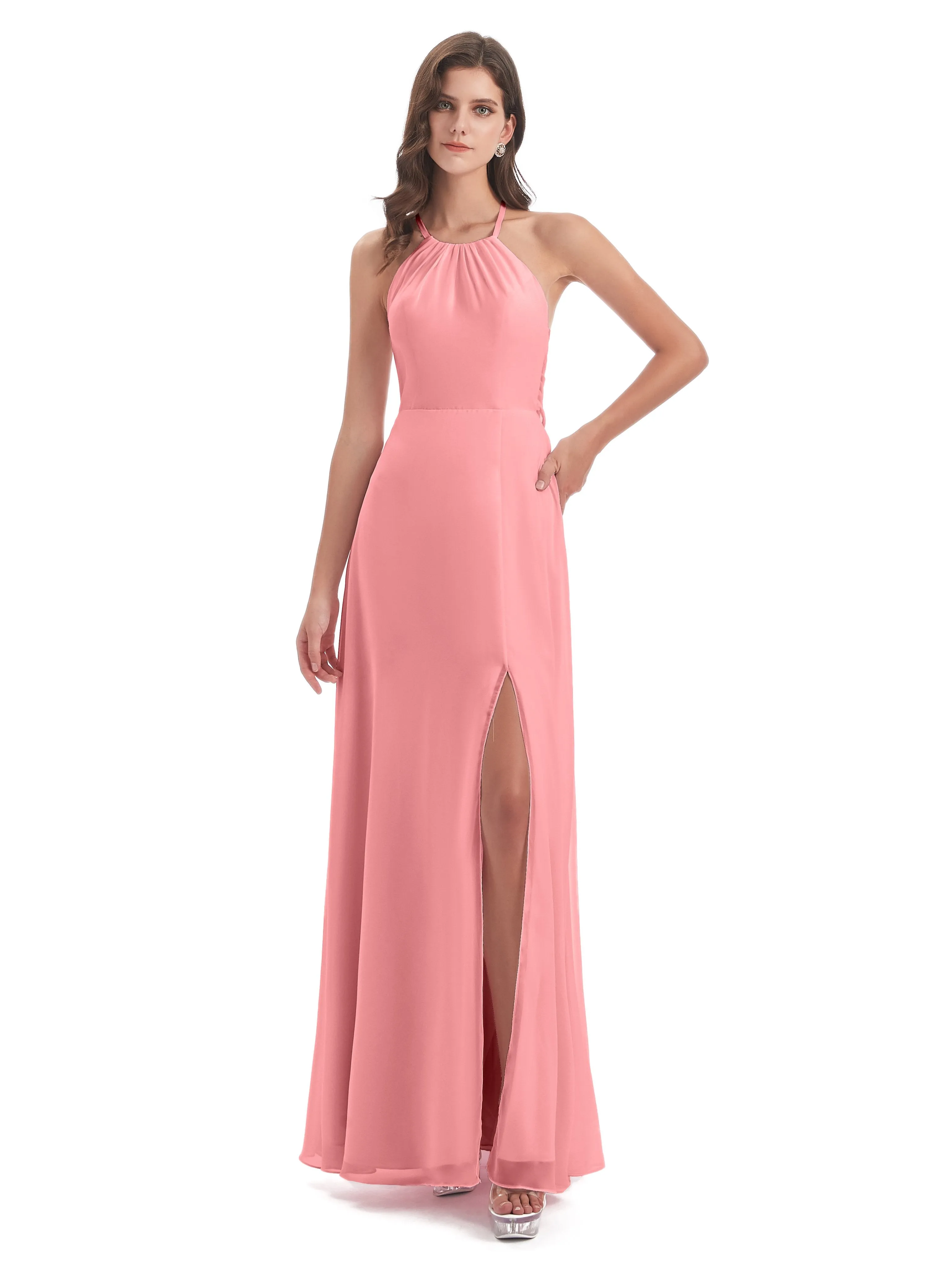 Ayla Modern Chiffon Sheath-Column Halter Long Bridesmaid Dresses