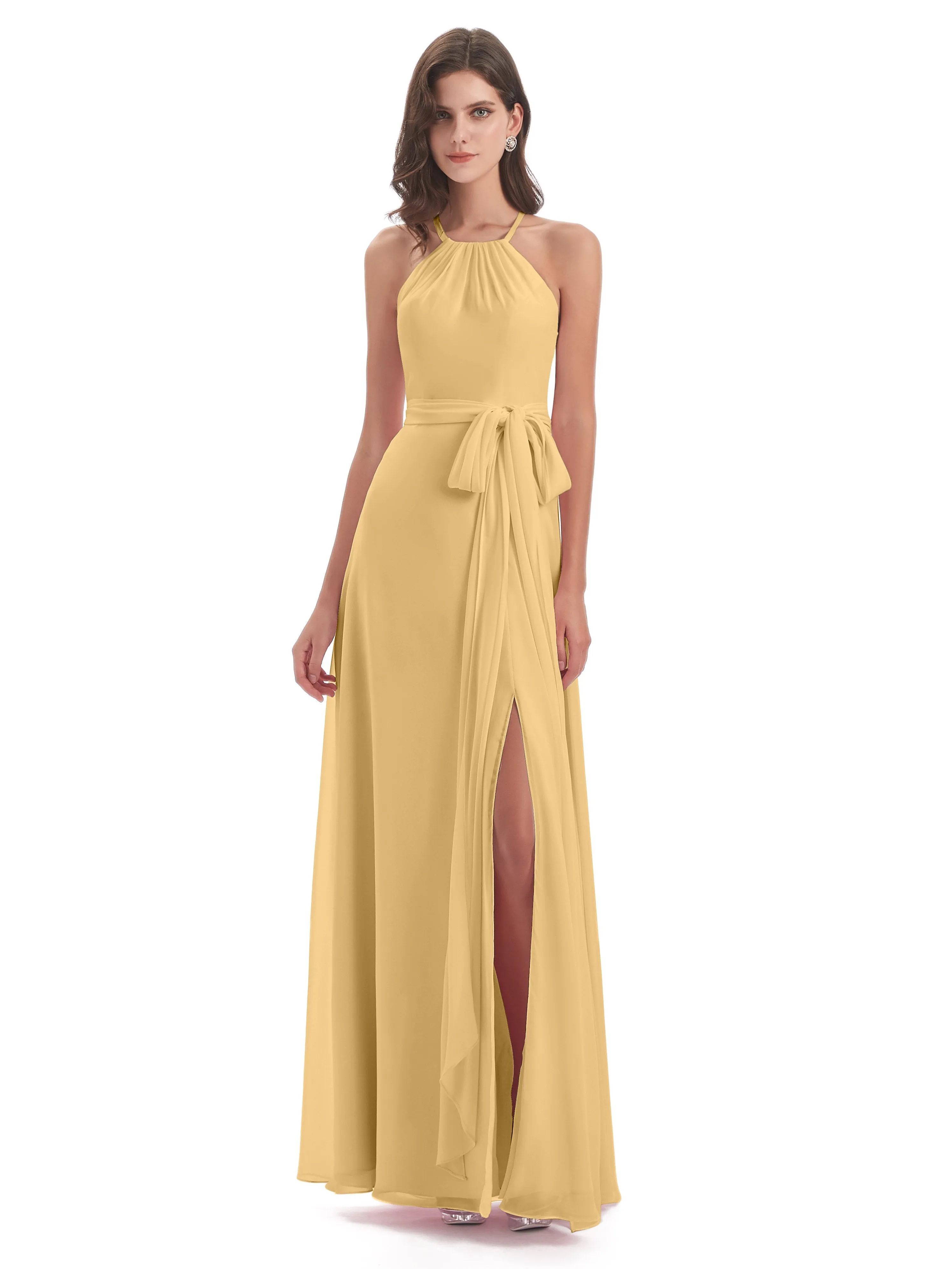 Ayla Modern Chiffon Sheath-Column Halter Long Bridesmaid Dresses