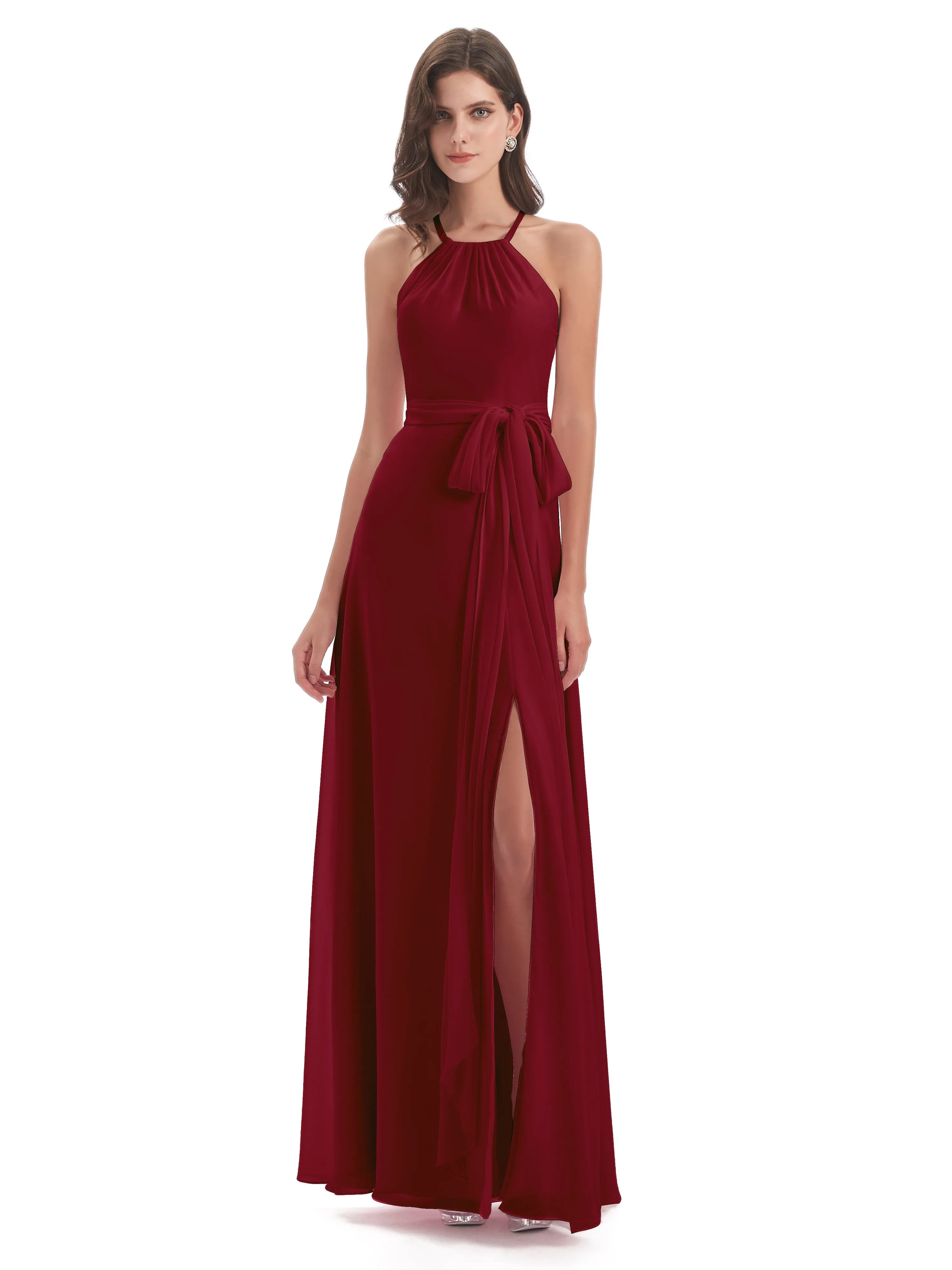 Ayla Modern Chiffon Sheath-Column Halter Long Bridesmaid Dresses