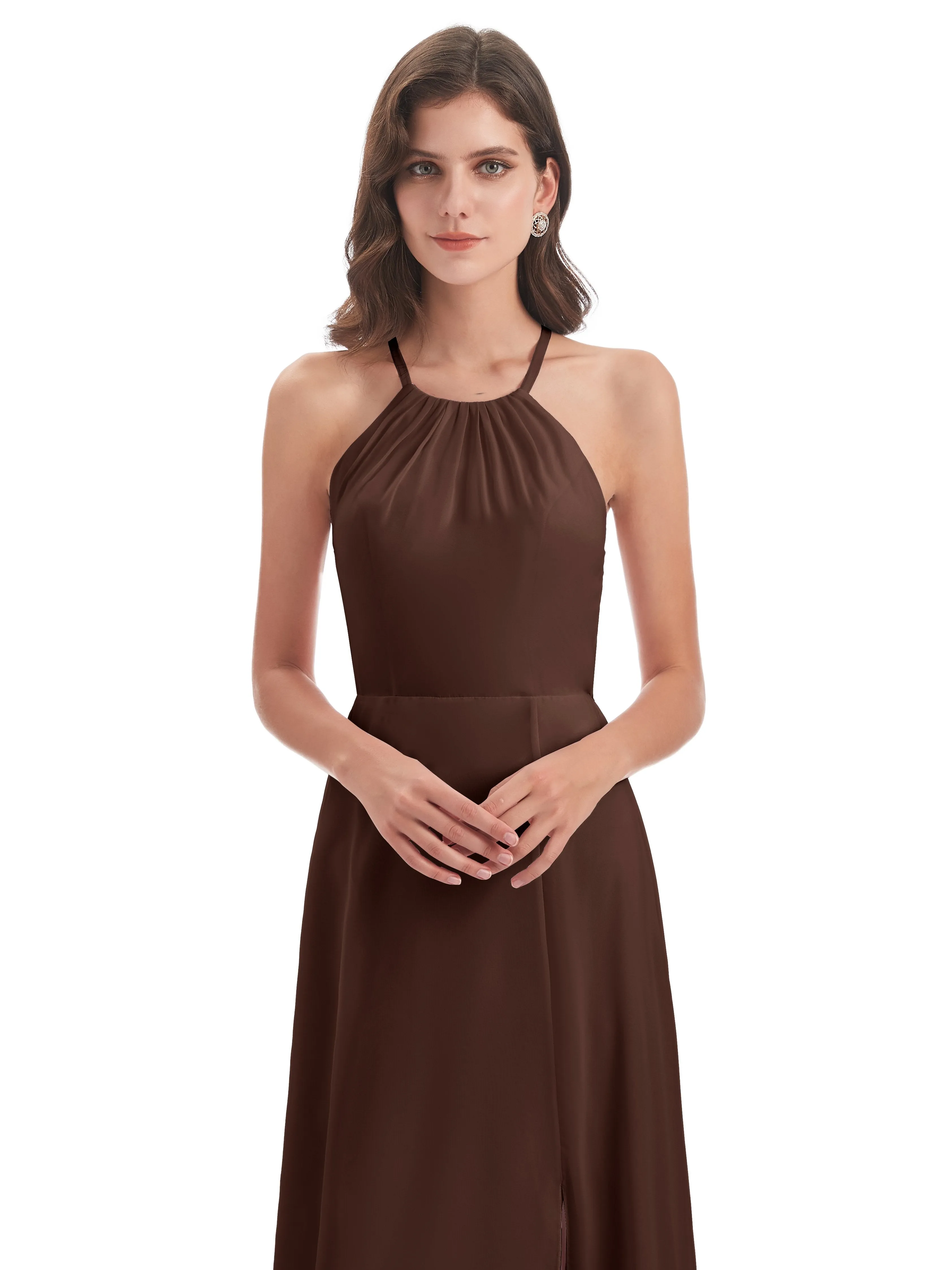 Ayla Modern Chiffon Sheath-Column Halter Long Bridesmaid Dresses