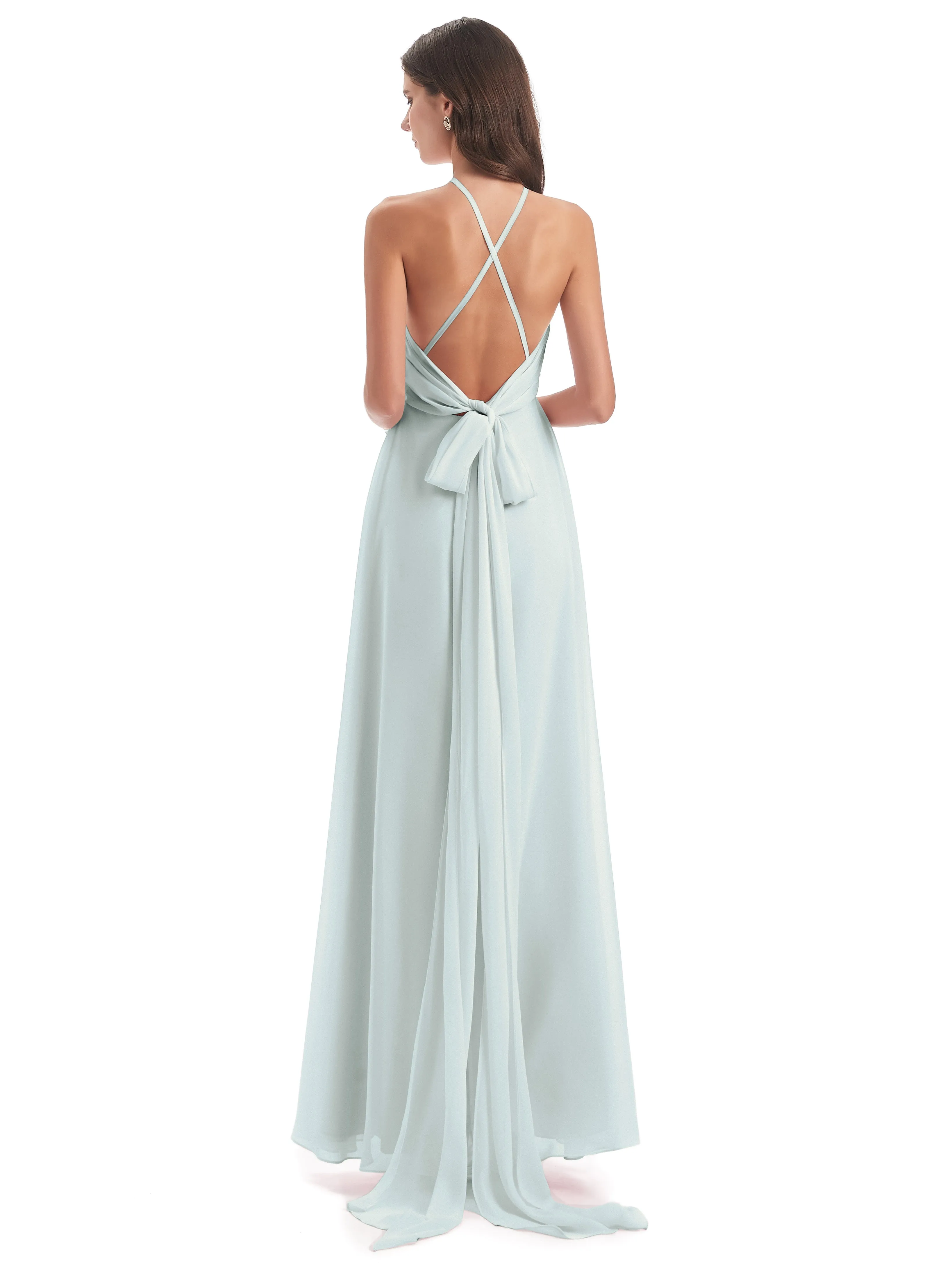 Ayla Modern Chiffon Sheath-Column Halter Long Bridesmaid Dresses