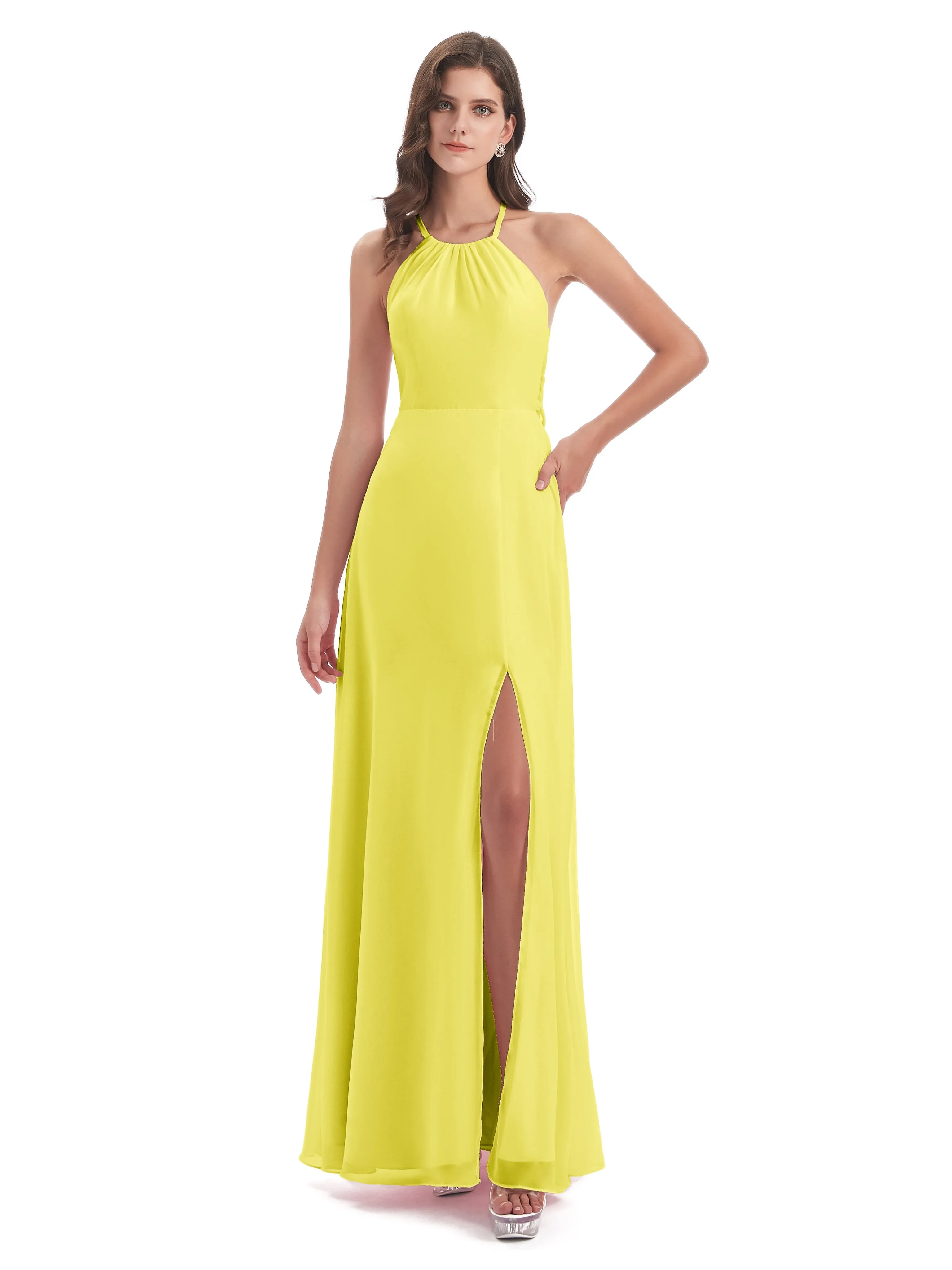 Ayla Modern Chiffon Sheath-Column Halter Long Bridesmaid Dresses