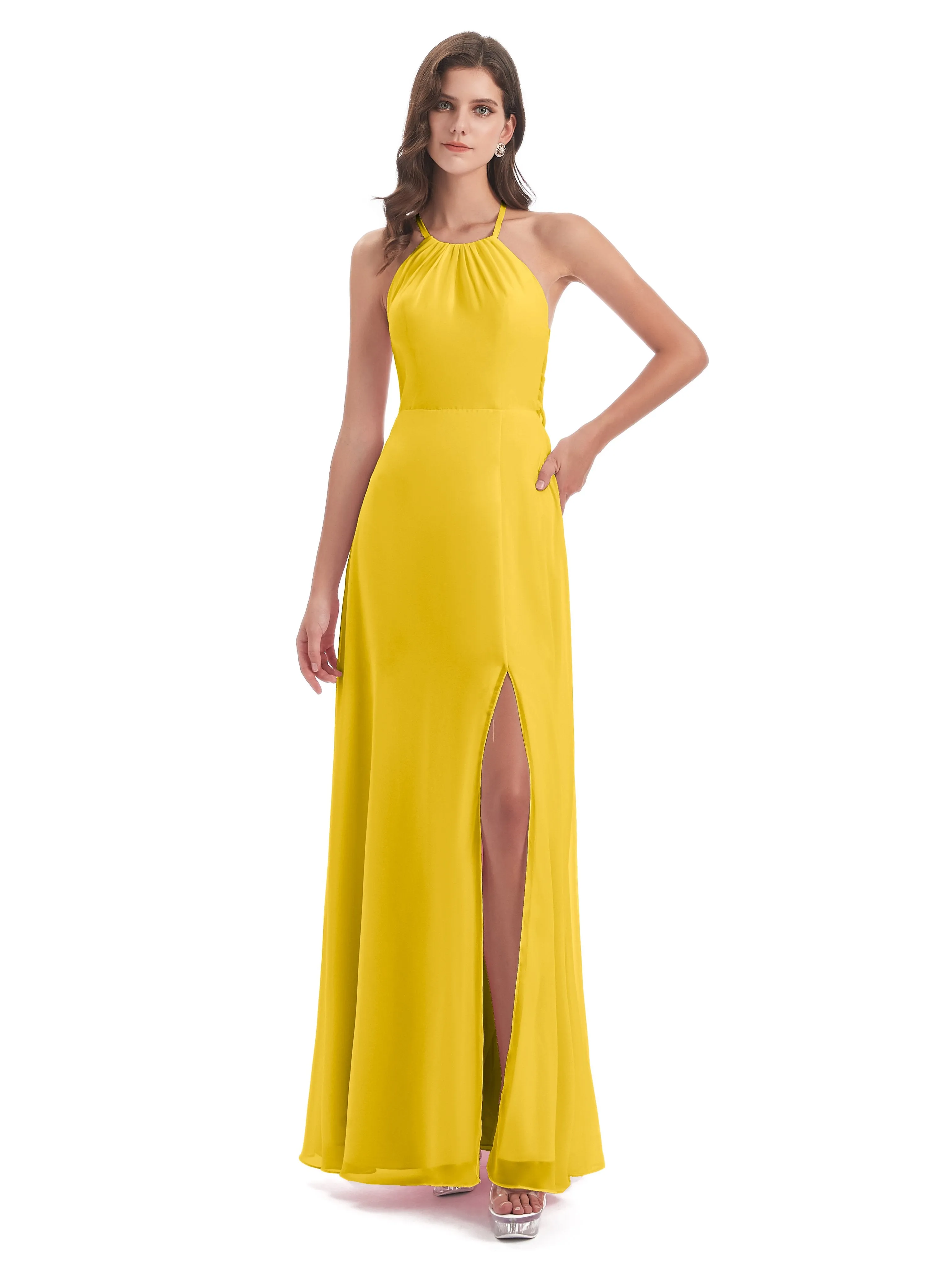 Ayla Modern Chiffon Sheath-Column Halter Long Bridesmaid Dresses