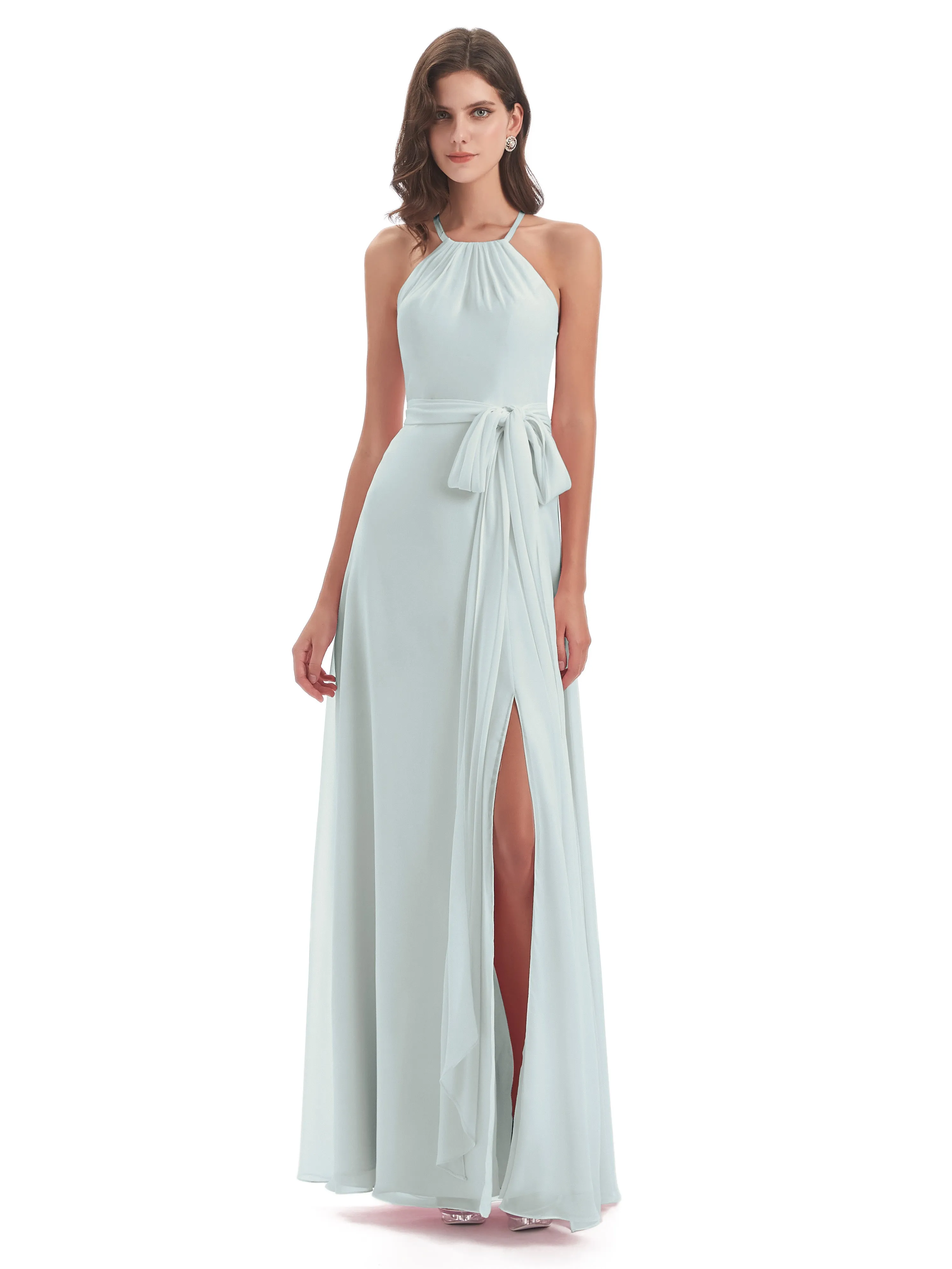 Ayla Modern Chiffon Sheath-Column Halter Long Bridesmaid Dresses