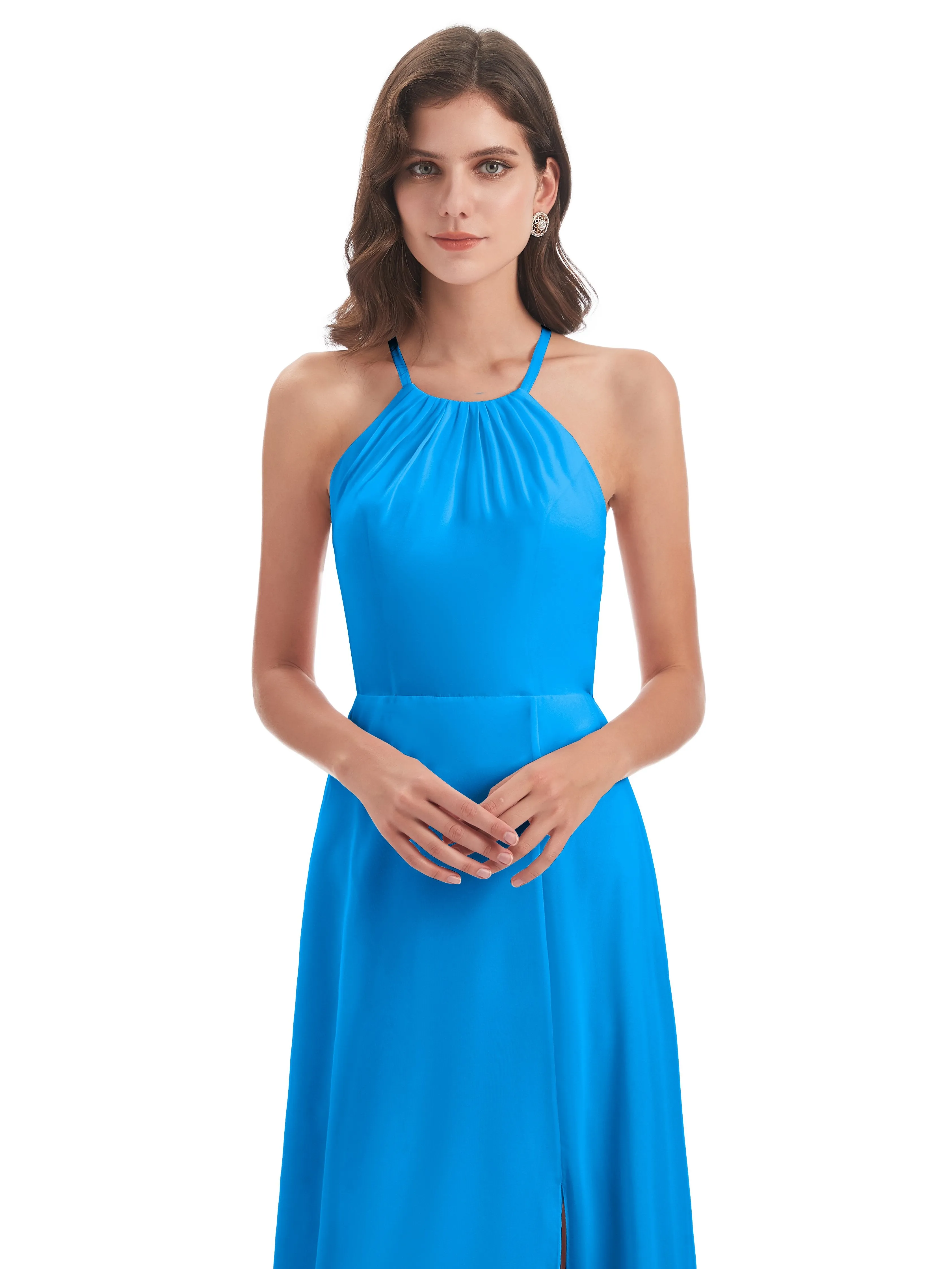 Ayla Modern Chiffon Sheath-Column Halter Long Bridesmaid Dresses