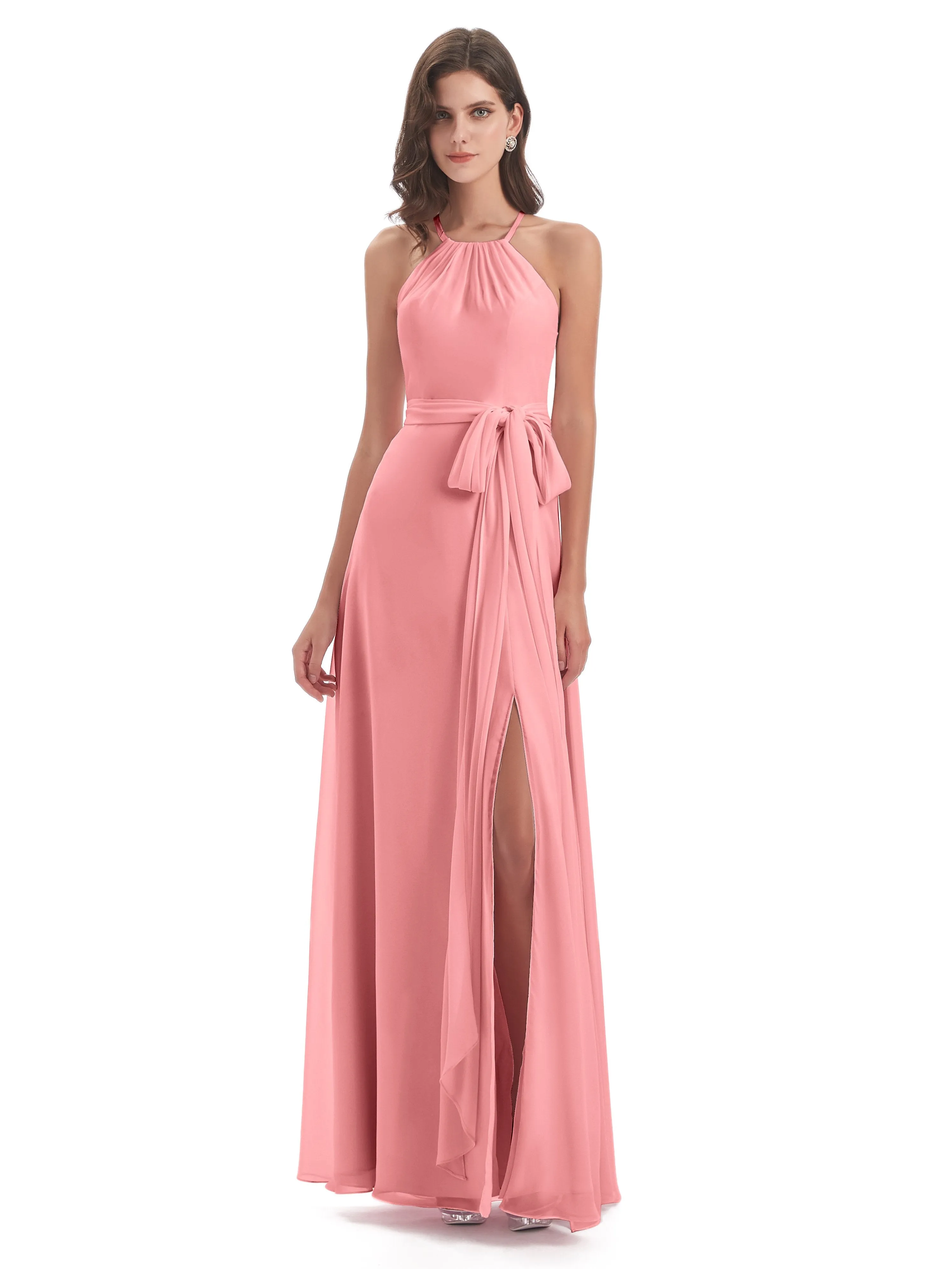 Ayla Modern Chiffon Sheath-Column Halter Long Bridesmaid Dresses