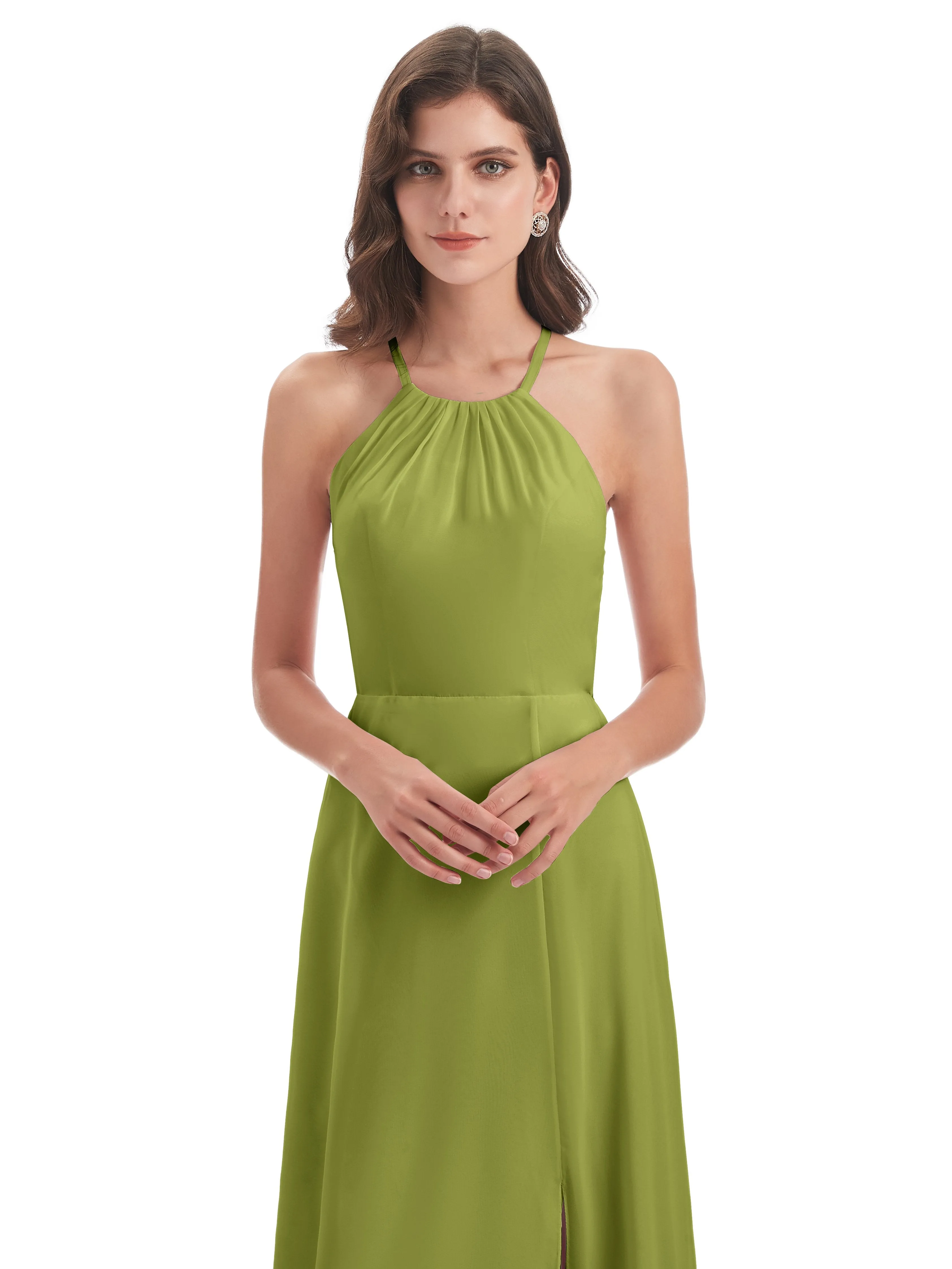 Ayla Modern Chiffon Sheath-Column Halter Long Bridesmaid Dresses