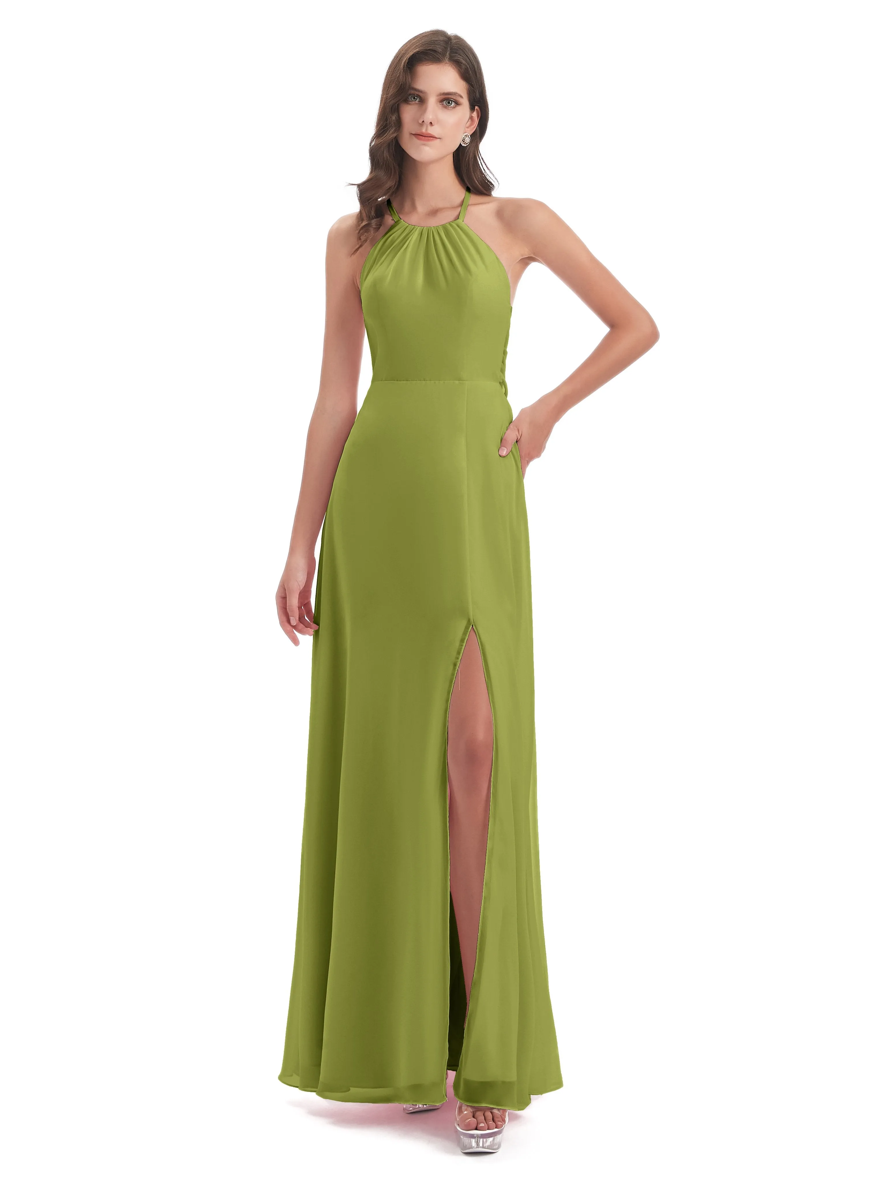 Ayla Modern Chiffon Sheath-Column Halter Long Bridesmaid Dresses