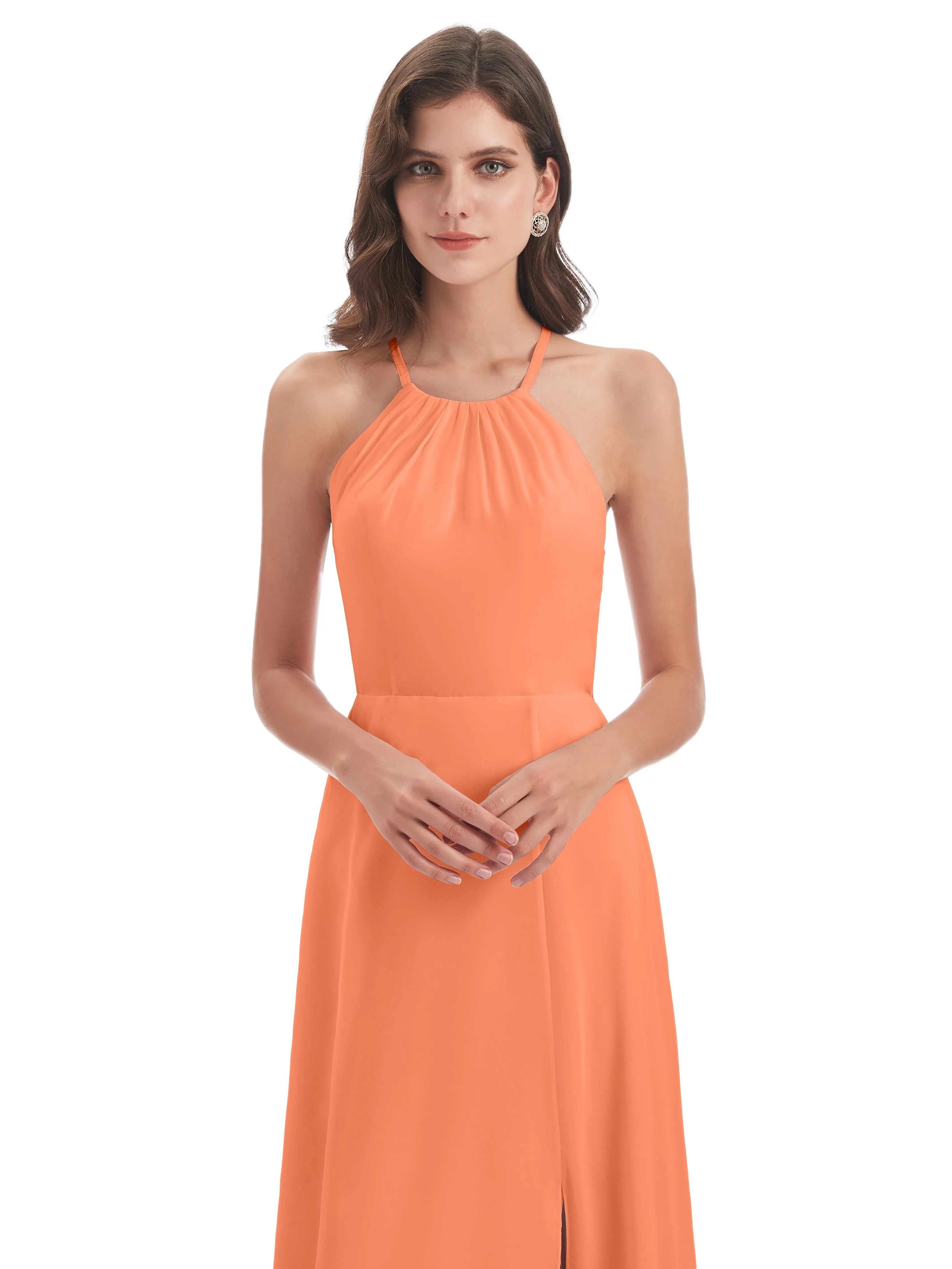 Ayla Modern Chiffon Sheath-Column Halter Long Bridesmaid Dresses