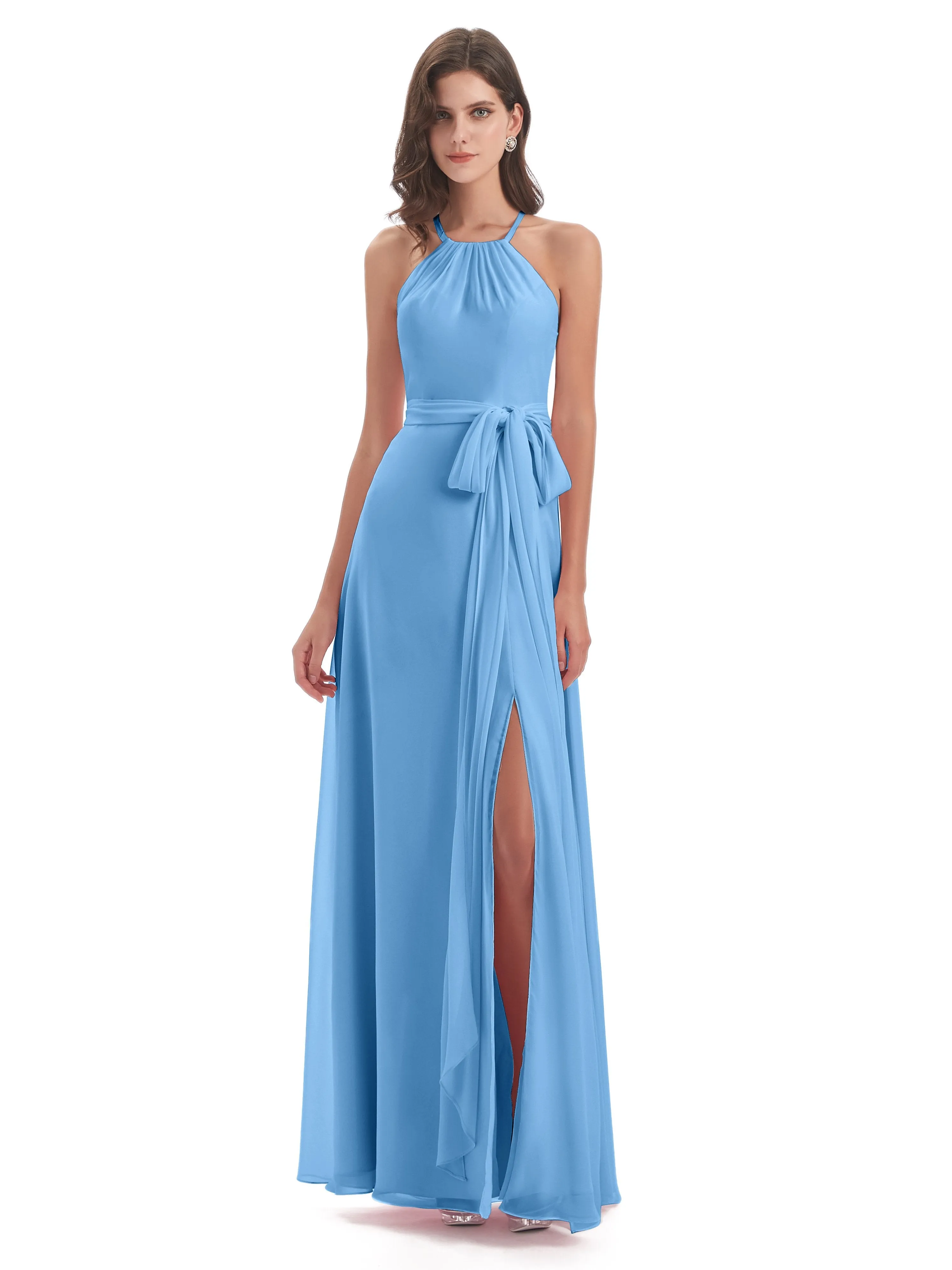 Ayla Modern Chiffon Sheath-Column Halter Long Bridesmaid Dresses