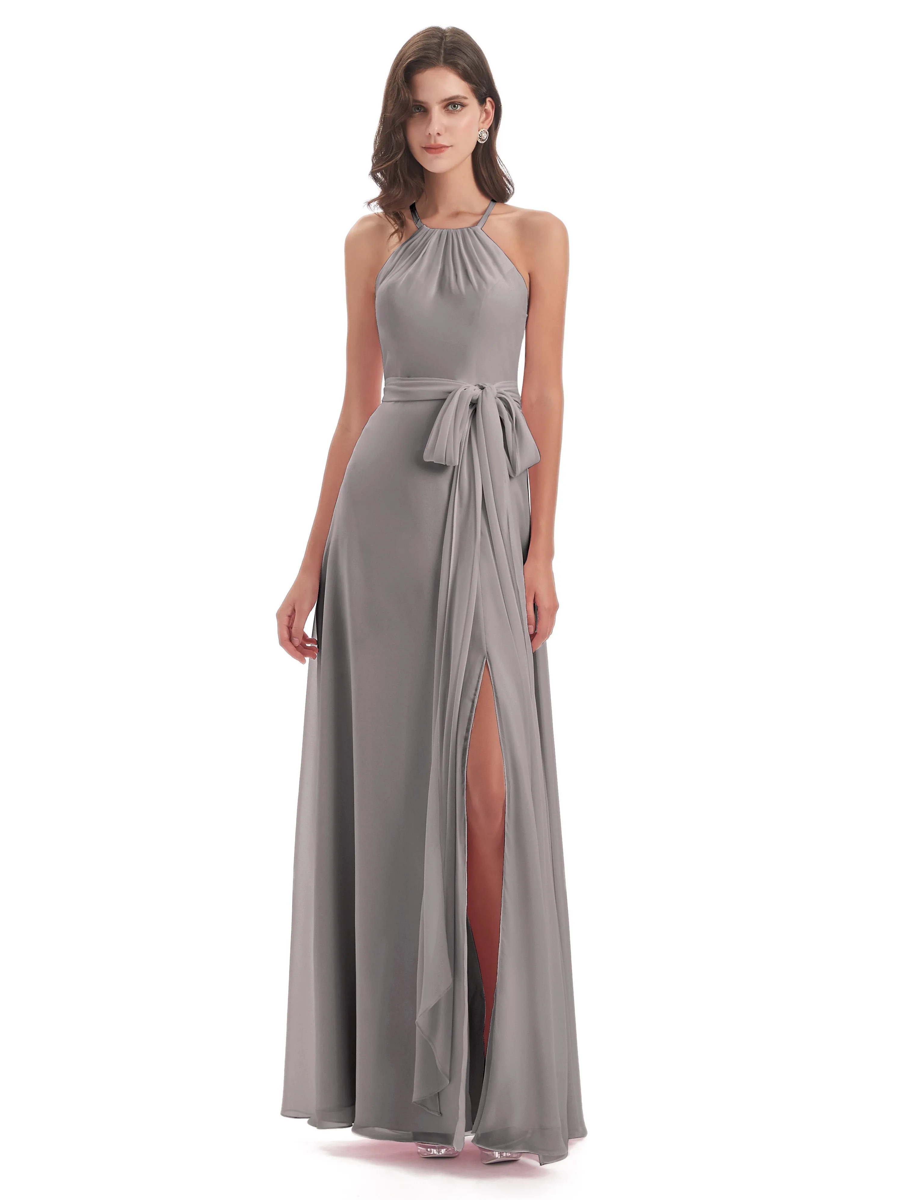 Ayla Modern Chiffon Sheath-Column Halter Long Bridesmaid Dresses