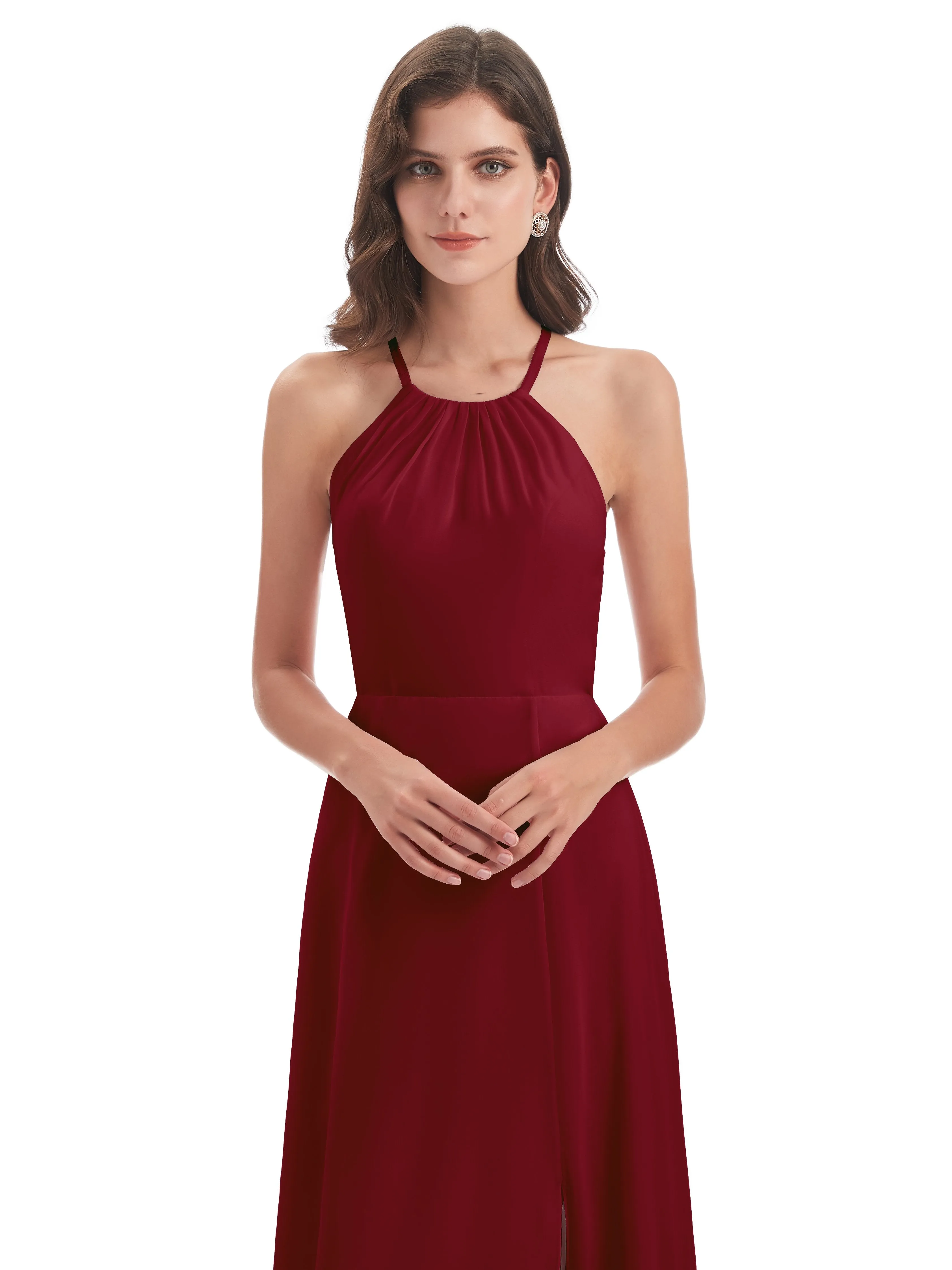 Ayla Modern Chiffon Sheath-Column Halter Long Bridesmaid Dresses