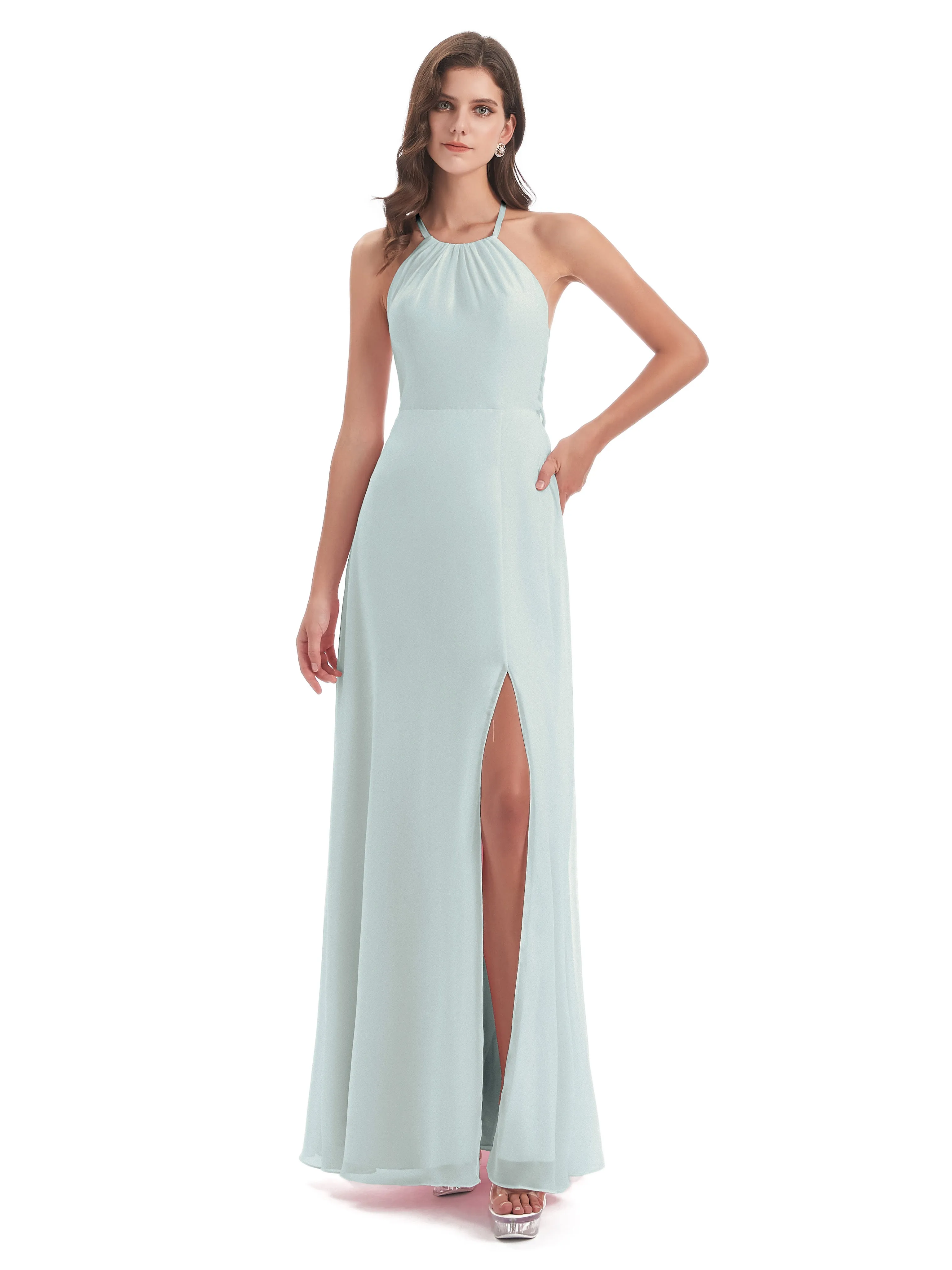 Ayla Modern Chiffon Sheath-Column Halter Long Bridesmaid Dresses