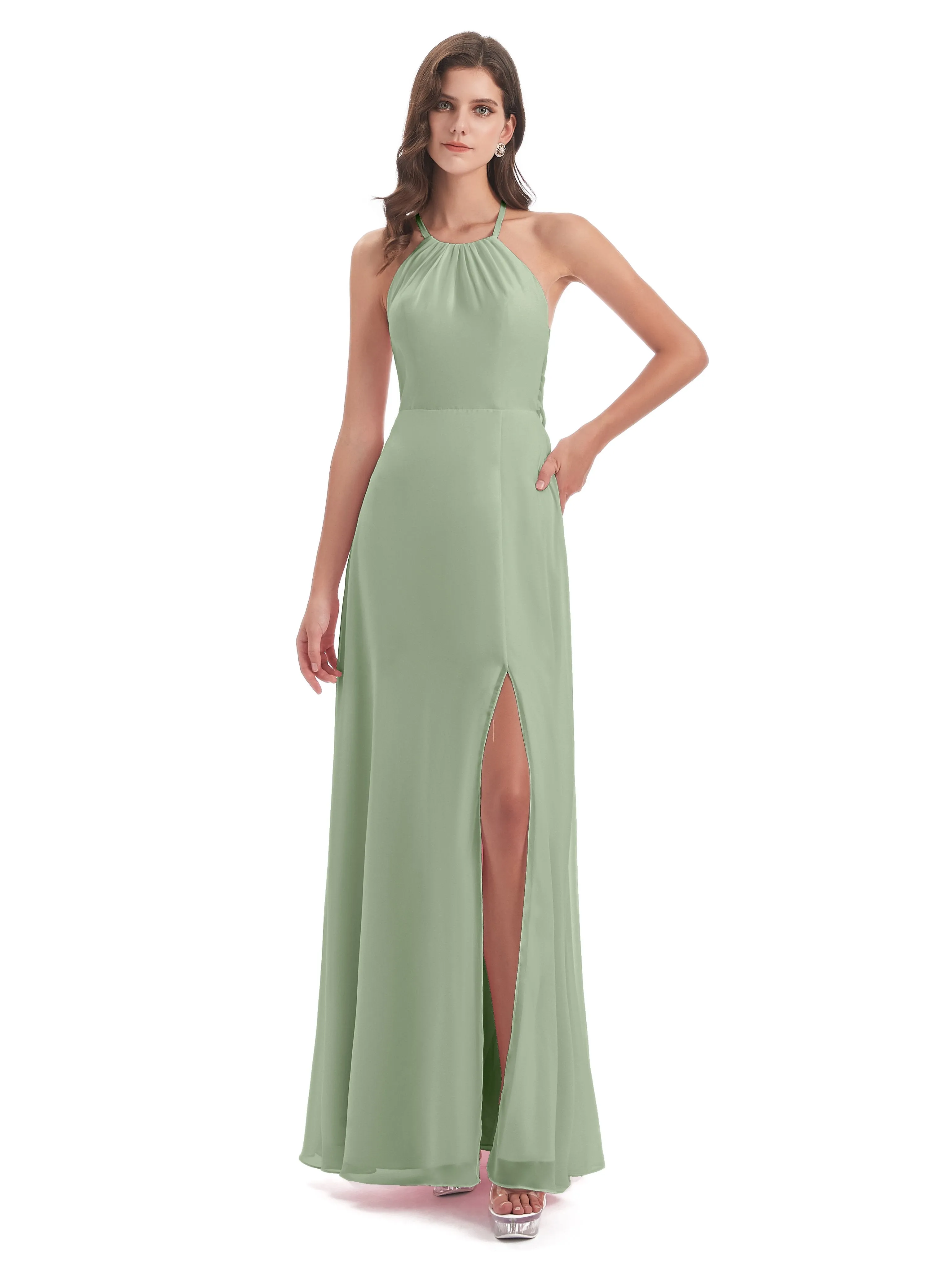 Ayla Modern Chiffon Sheath-Column Halter Long Bridesmaid Dresses