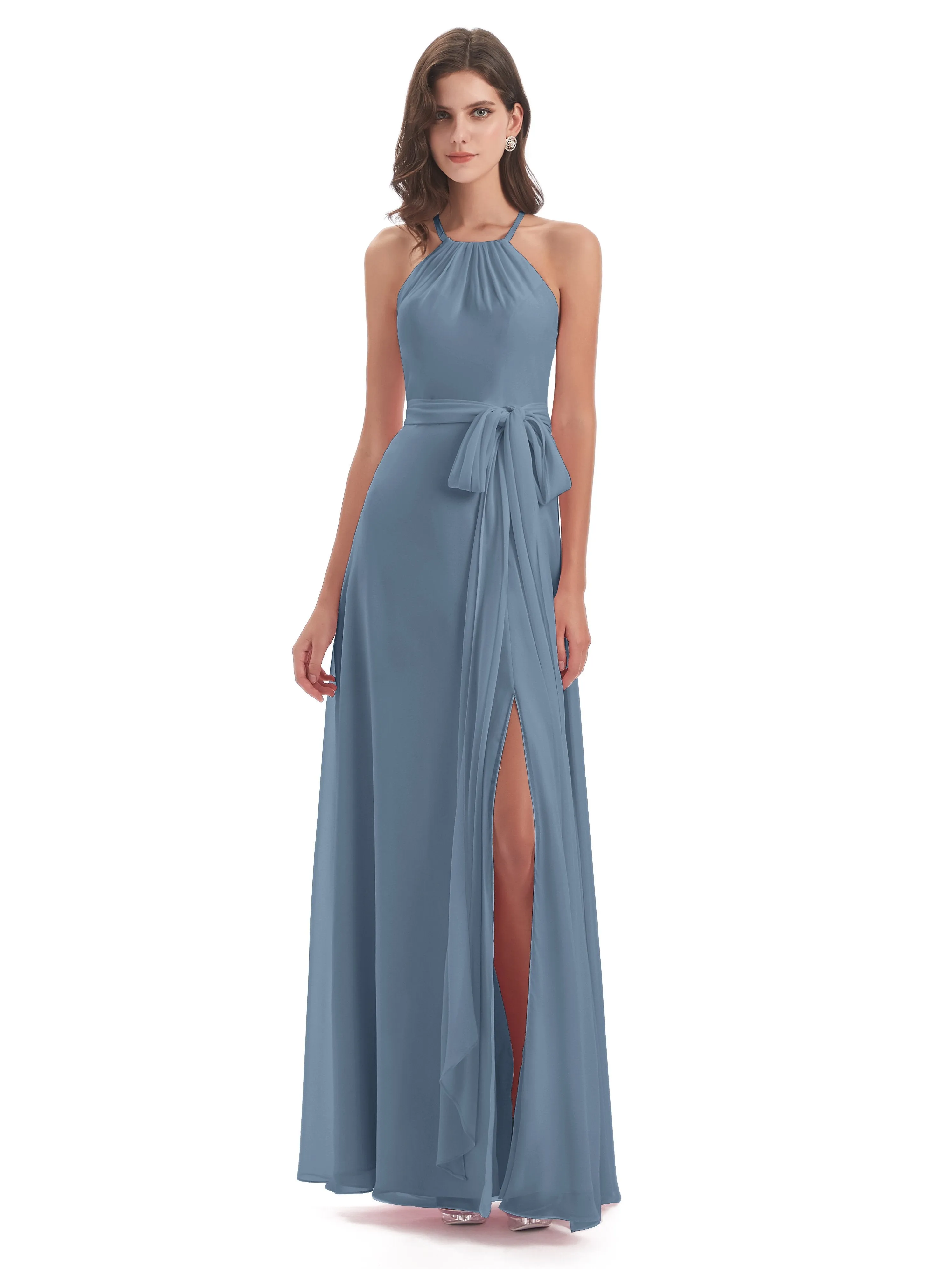 Ayla Modern Chiffon Sheath-Column Halter Long Bridesmaid Dresses